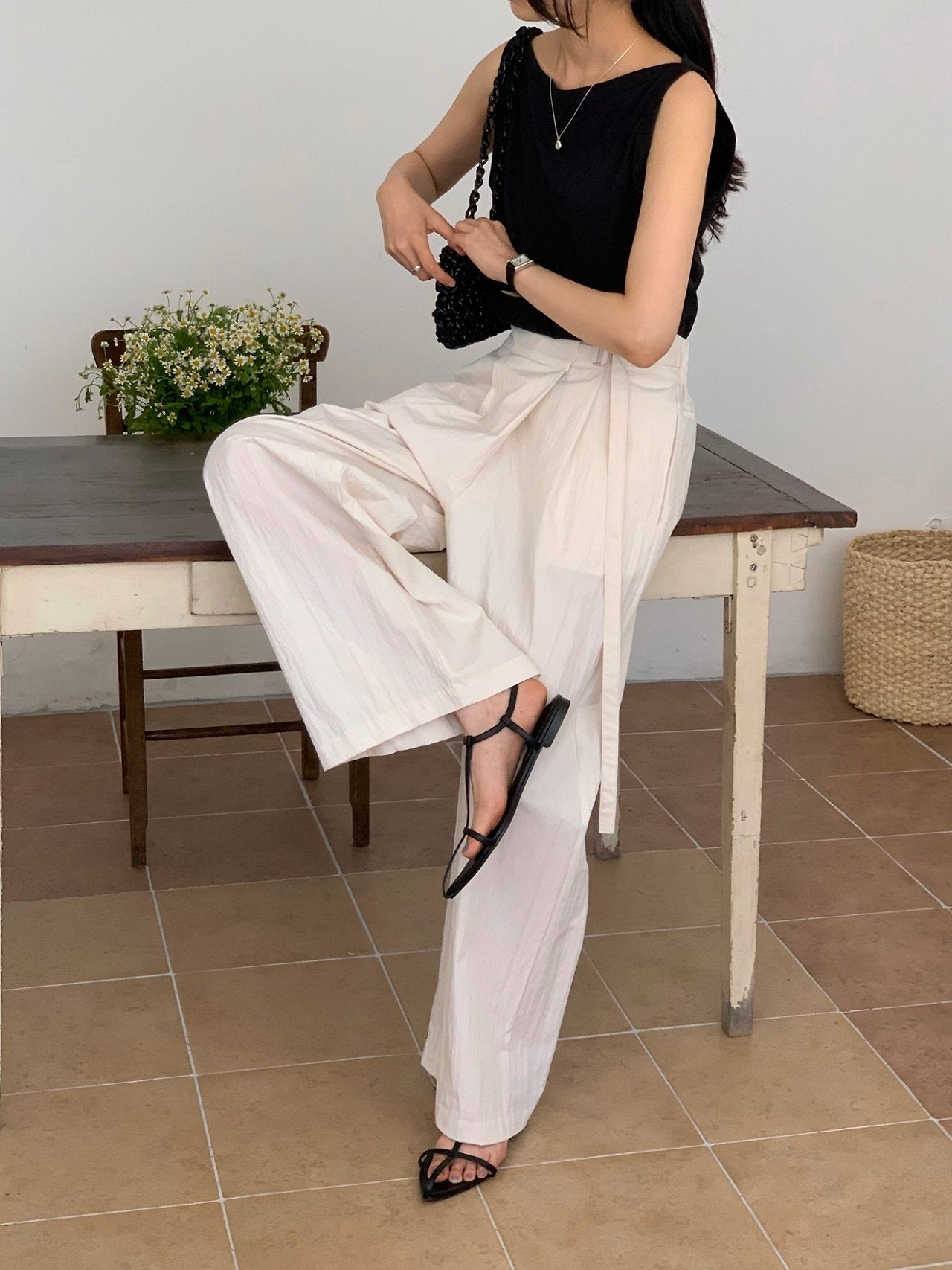 D-Ring Belted Wide Banding Pants