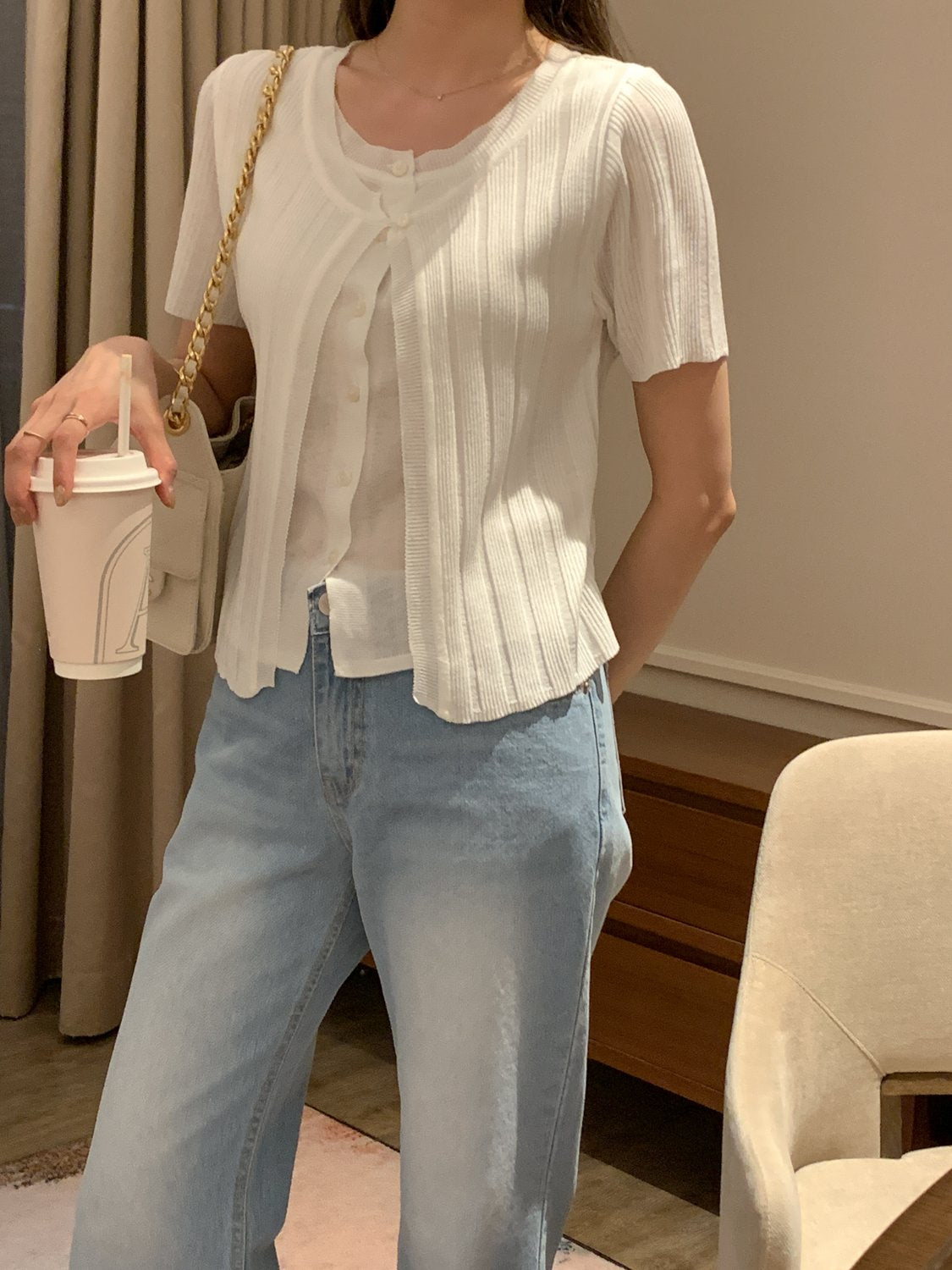 2-in-1 Ribbed Short-Sleeve Cardigan