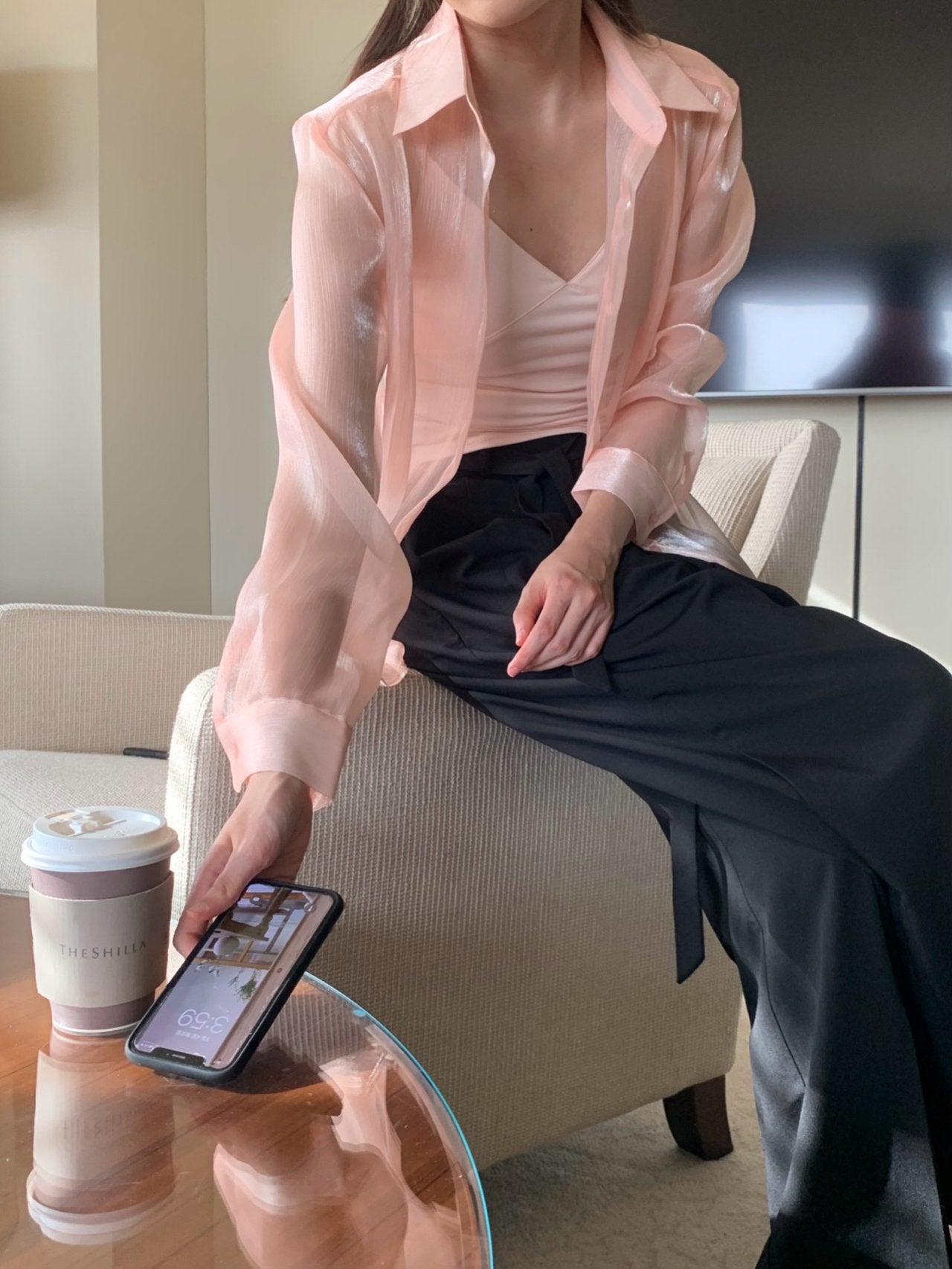 Luxury Organza Sheer Blouse – Sky Blue · White · Peach Pink