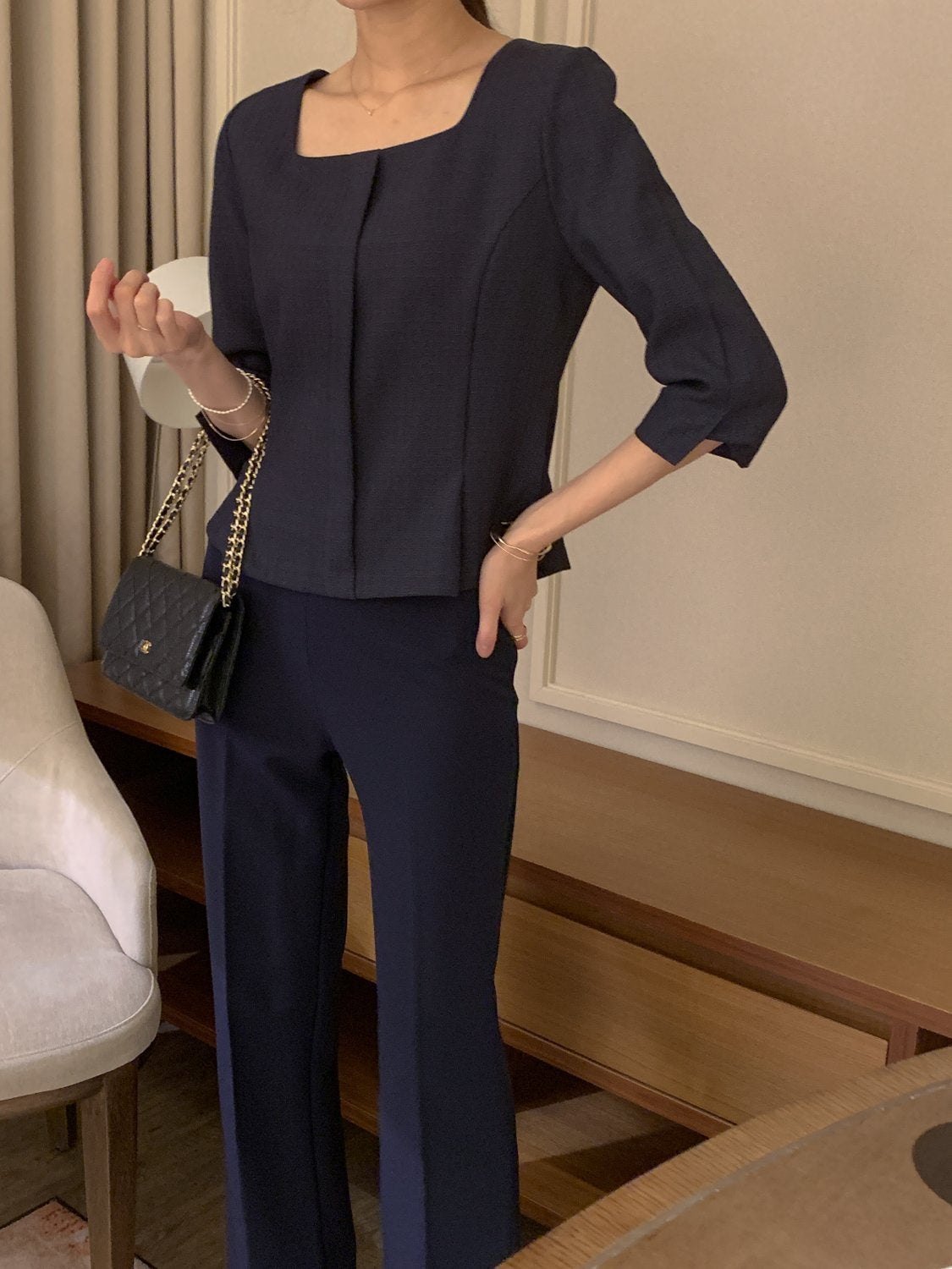 Square-Neck Tweed Blouse