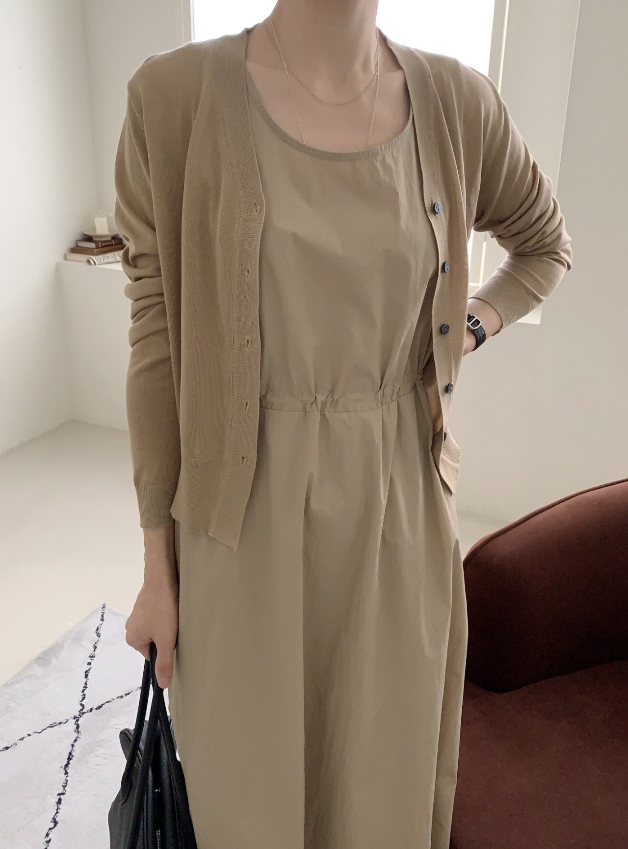 Crisp Texture Long Dress & Matching Cardigan set