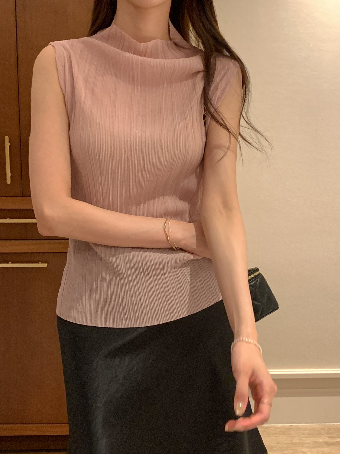 Pleated Mock-Neck Sleeveless Top