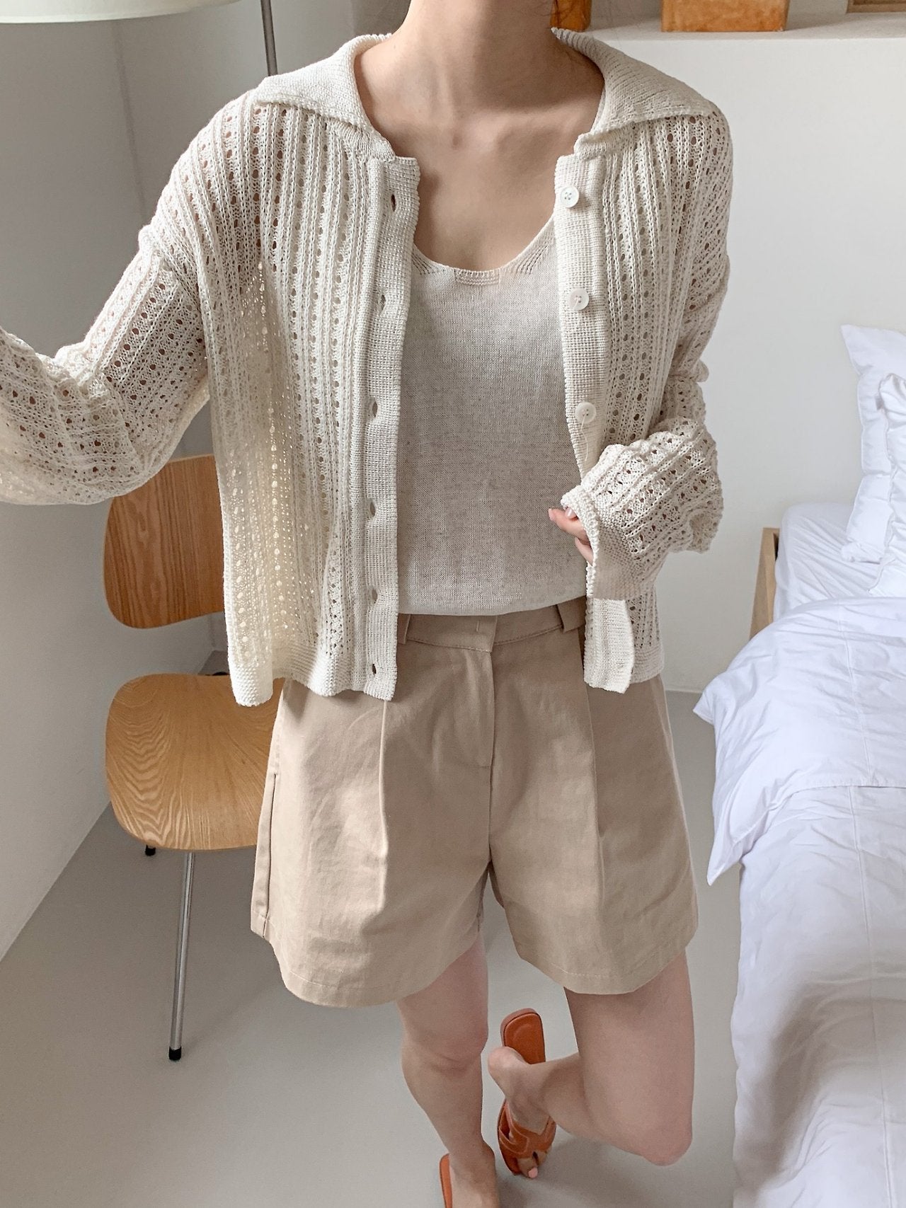 Linen-Cotton Perforated Collar Cardigan