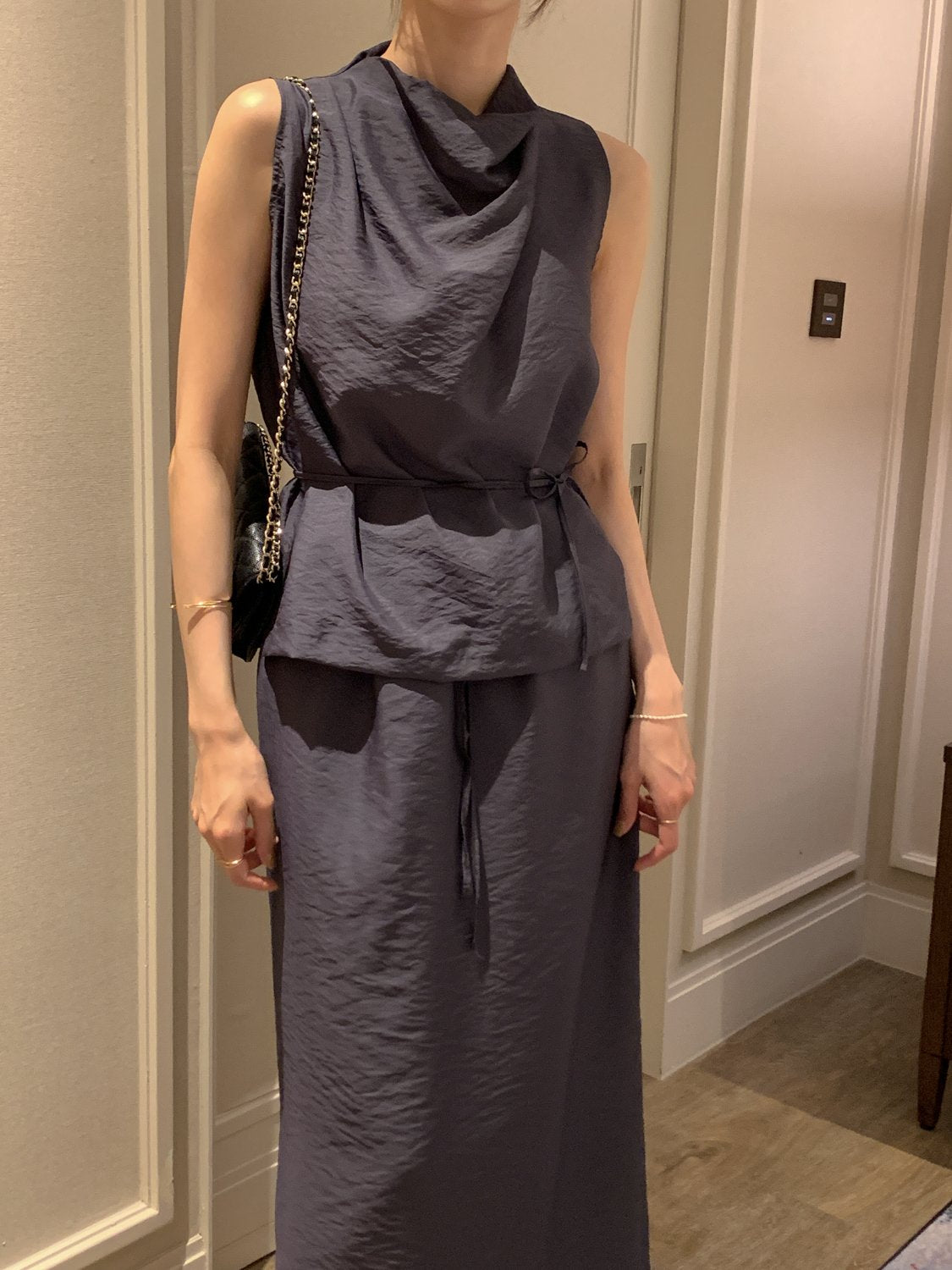 Cowl-Neck Shirring Sleeveless Blouse