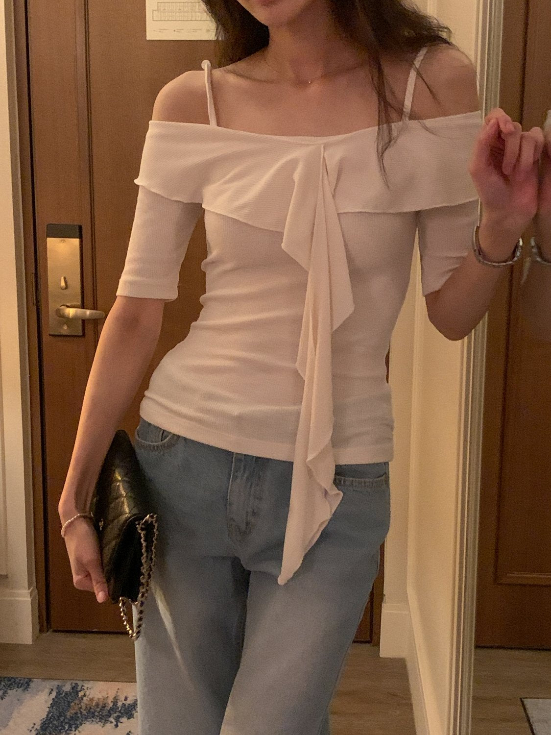 Frill Off the Shoulder Ribbed Tee