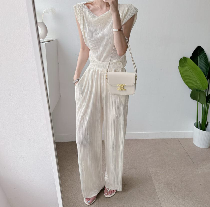 Pleated Off-Shoulder Cap Sleeve Top & Wide Pants Set