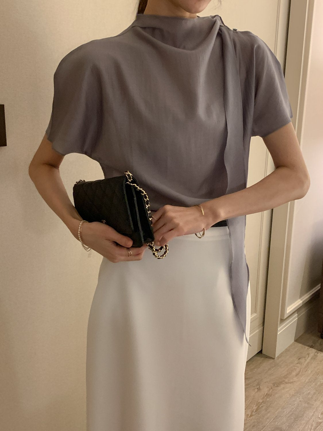 Tie Mock-Neck Blouse
