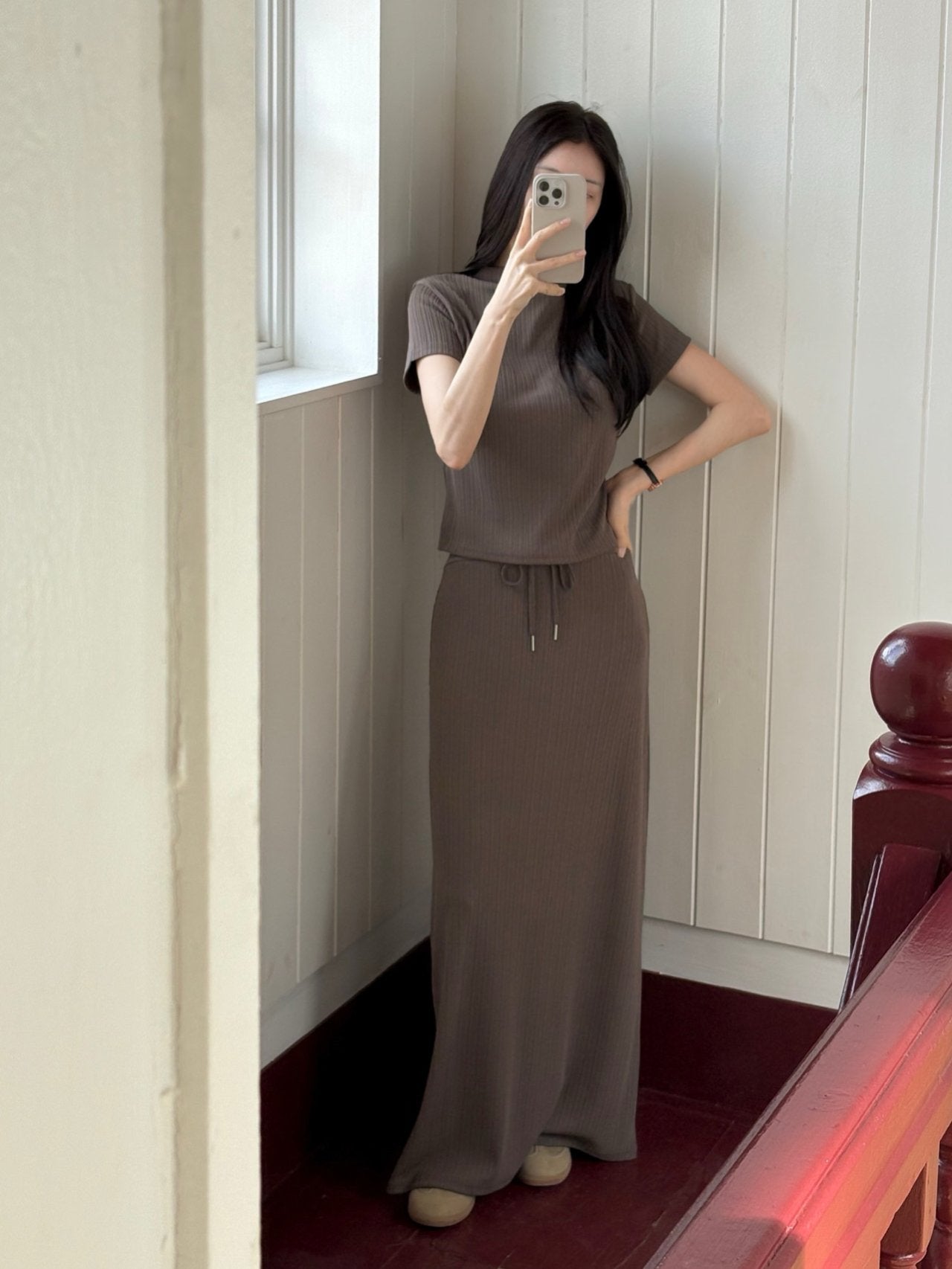 Wrinkle-Textured Half-Sleeve Top & Long Skirt Set