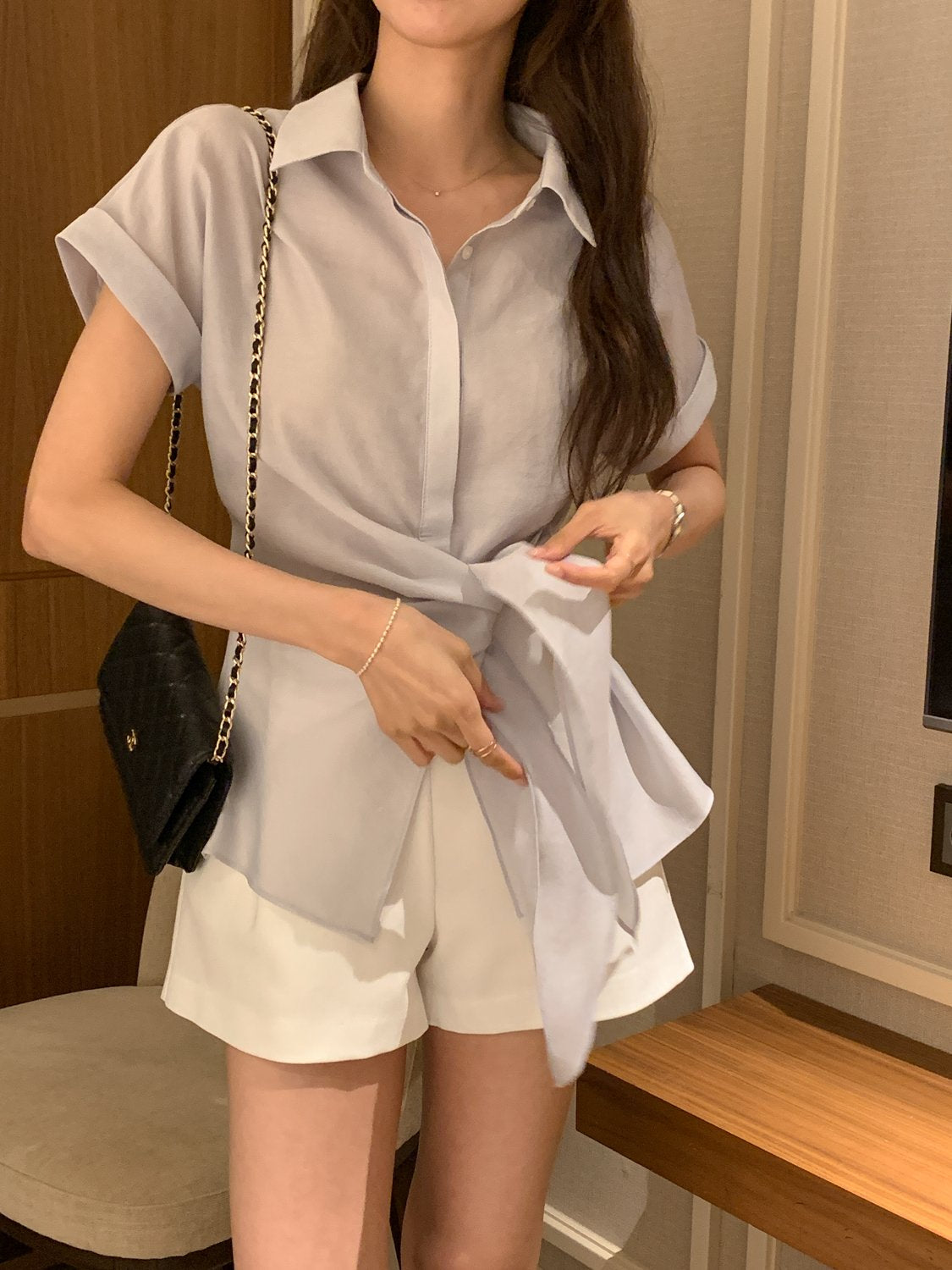 Serene Semi-Open Rolled-Up Wrap Shirt