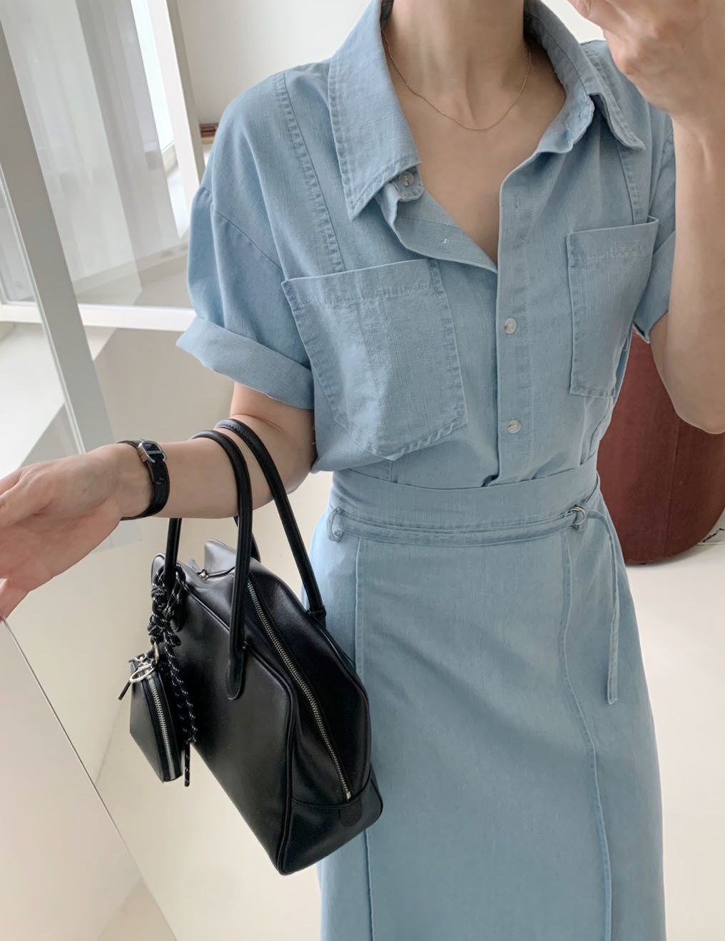 Short Sleeve Denim Shirt & Back-Band Denim Skirt set