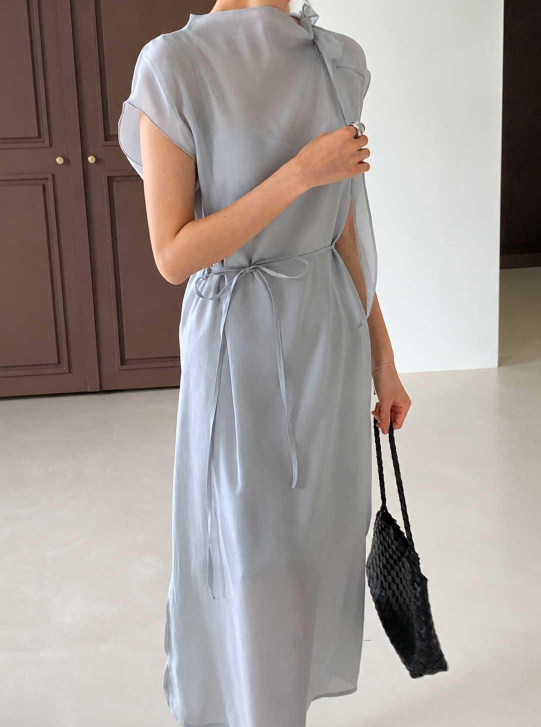 Ribbon Neck Tie Slit Dress