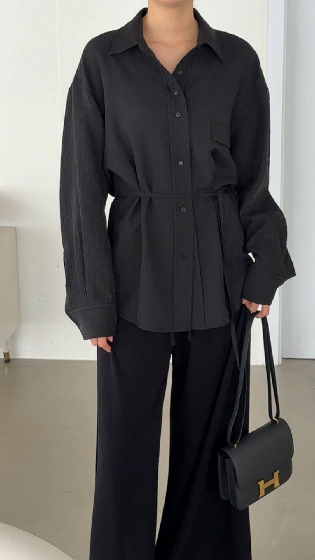 Wool-Tencel Crinkle Belted Overfit Shirt - Black