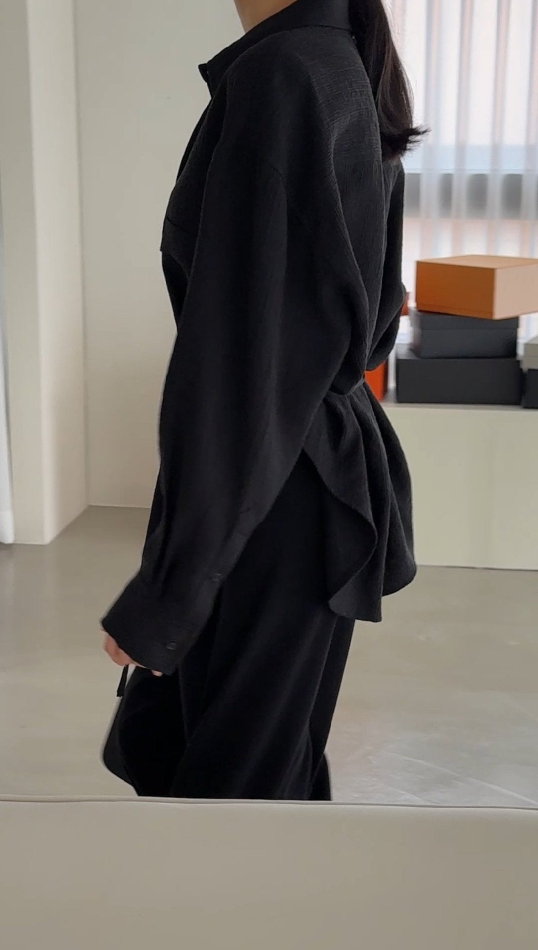 Wool-Tencel Crinkle Belted Overfit Shirt - Black