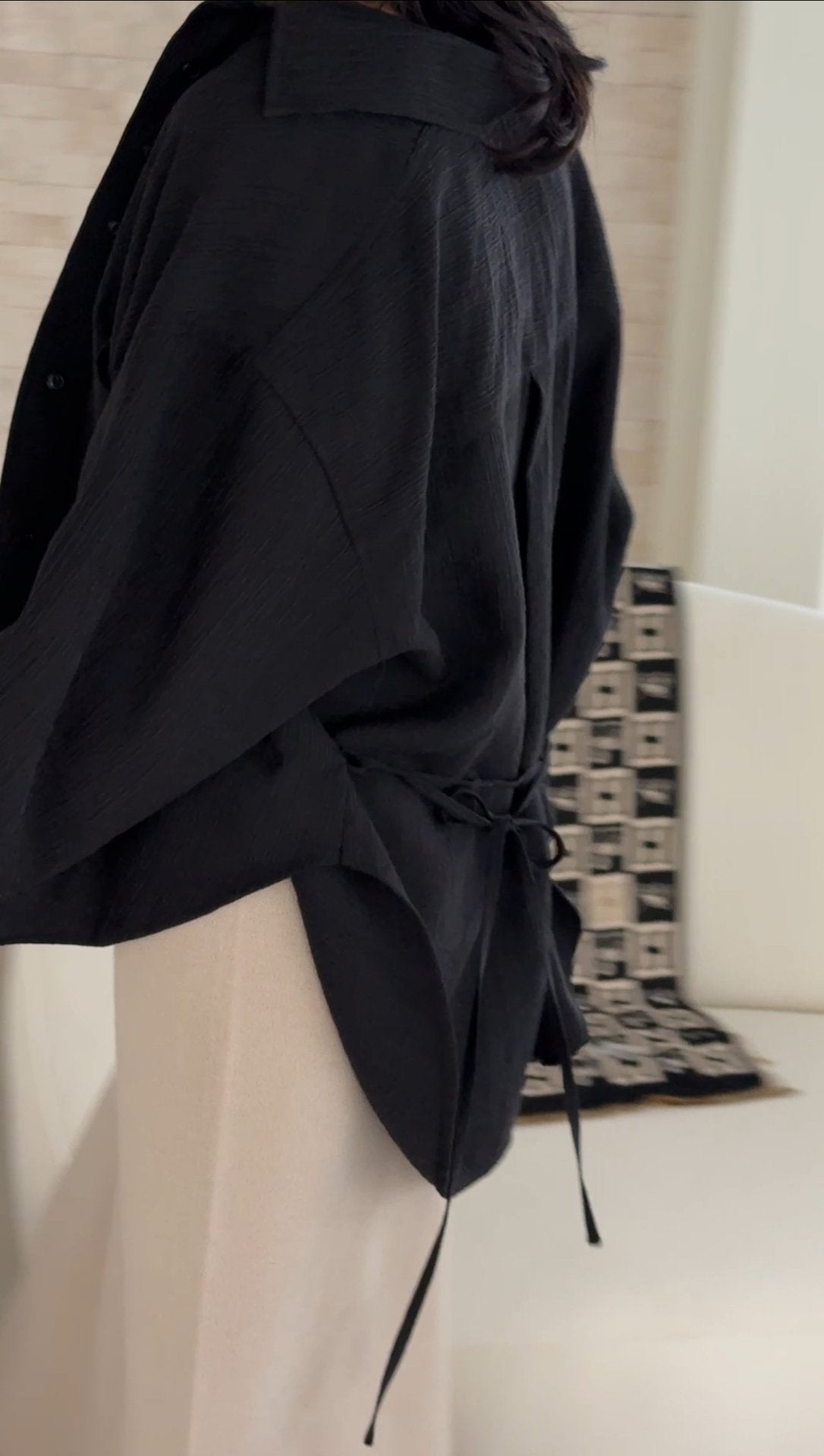 Wool-Tencel Crinkle Belted Overfit Shirt - Black