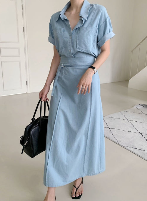 [Best Seller] Short Sleeve Denim Shirt & Back-Band Denim Skirt set