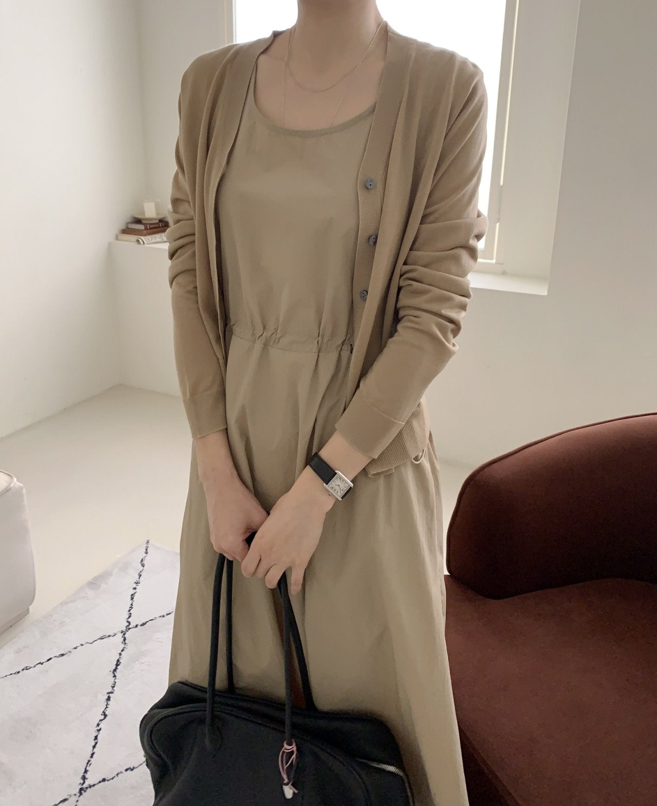 Crisp Texture Long Dress & Matching Cardigan set