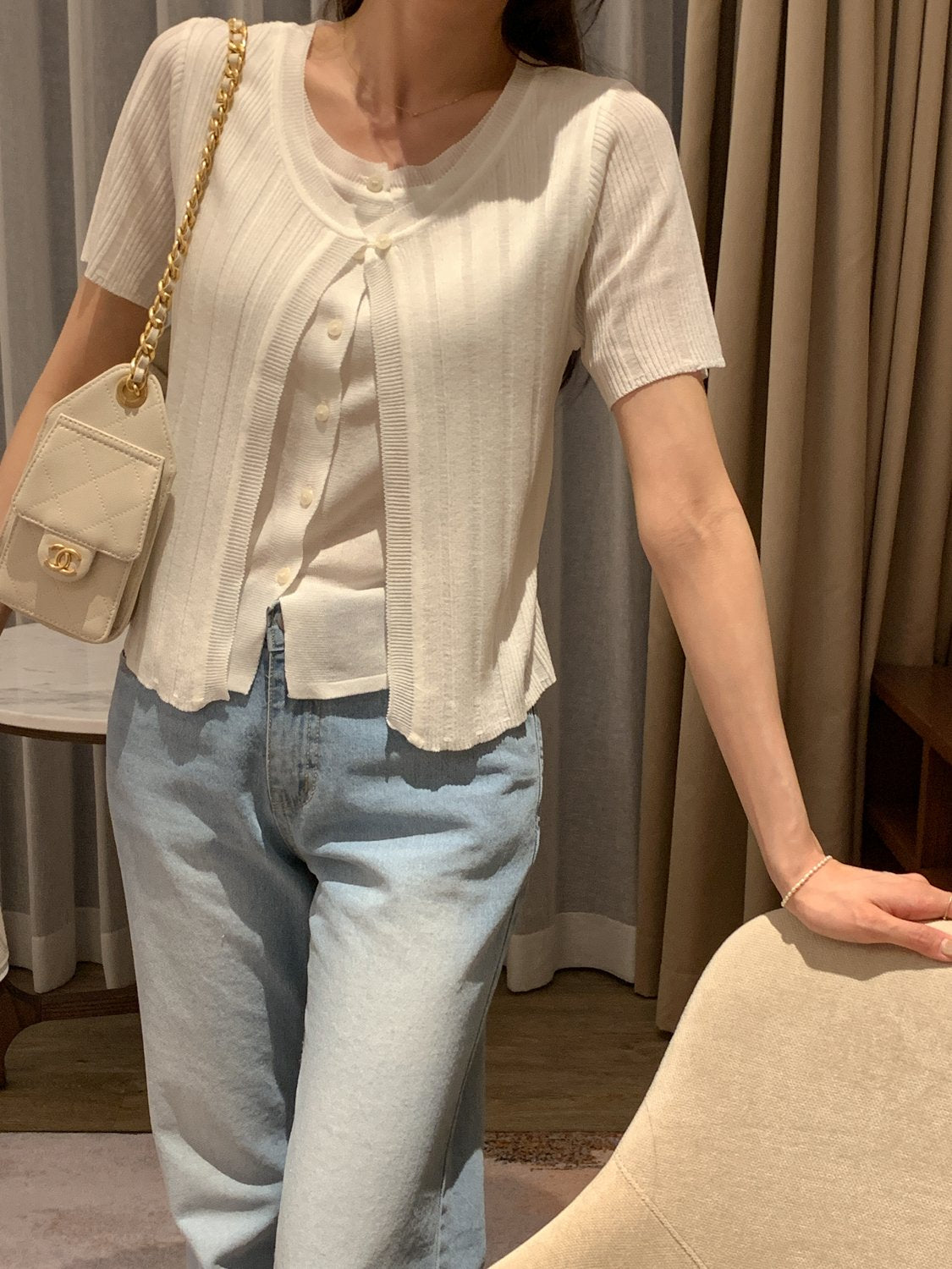 2-in-1 Ribbed Short-Sleeve Cardigan