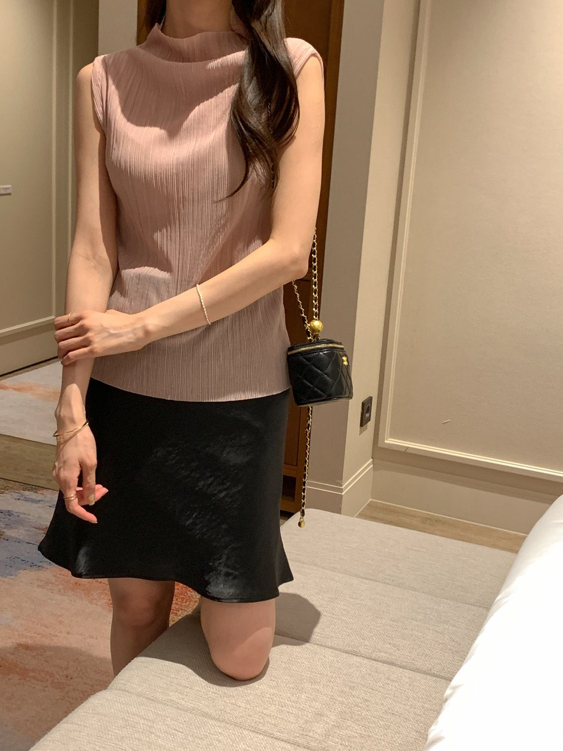 Pleated Mock-Neck Sleeveless Top