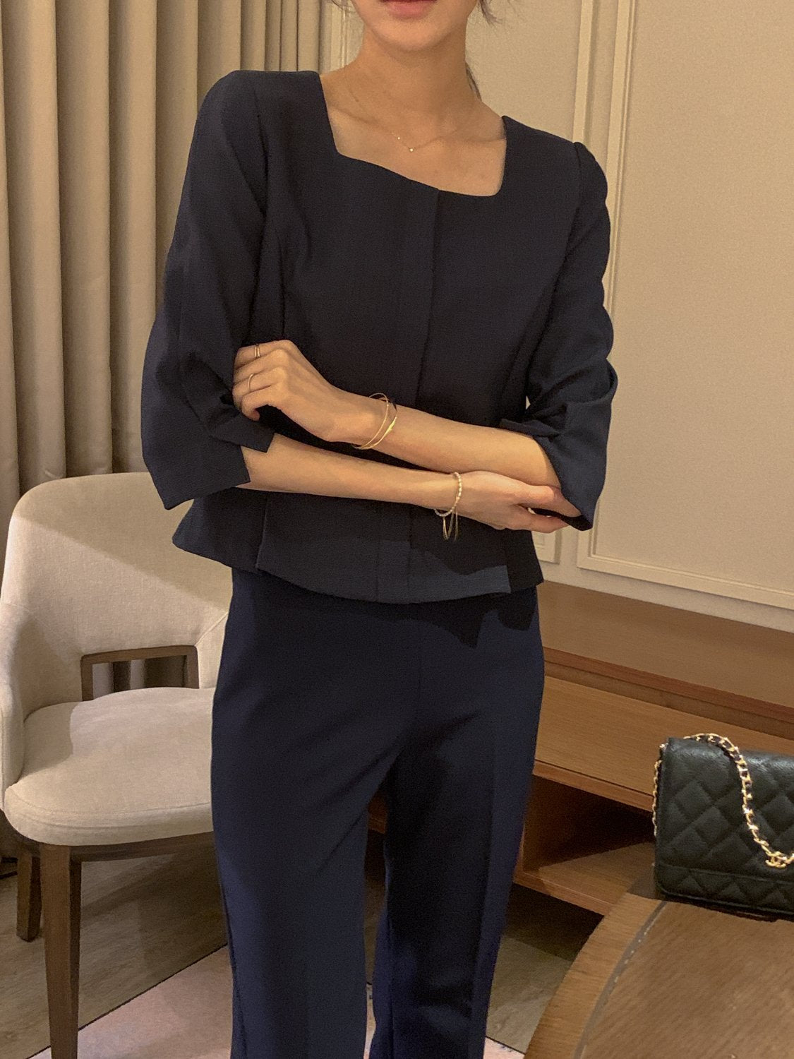 Square-Neck Tweed Blouse