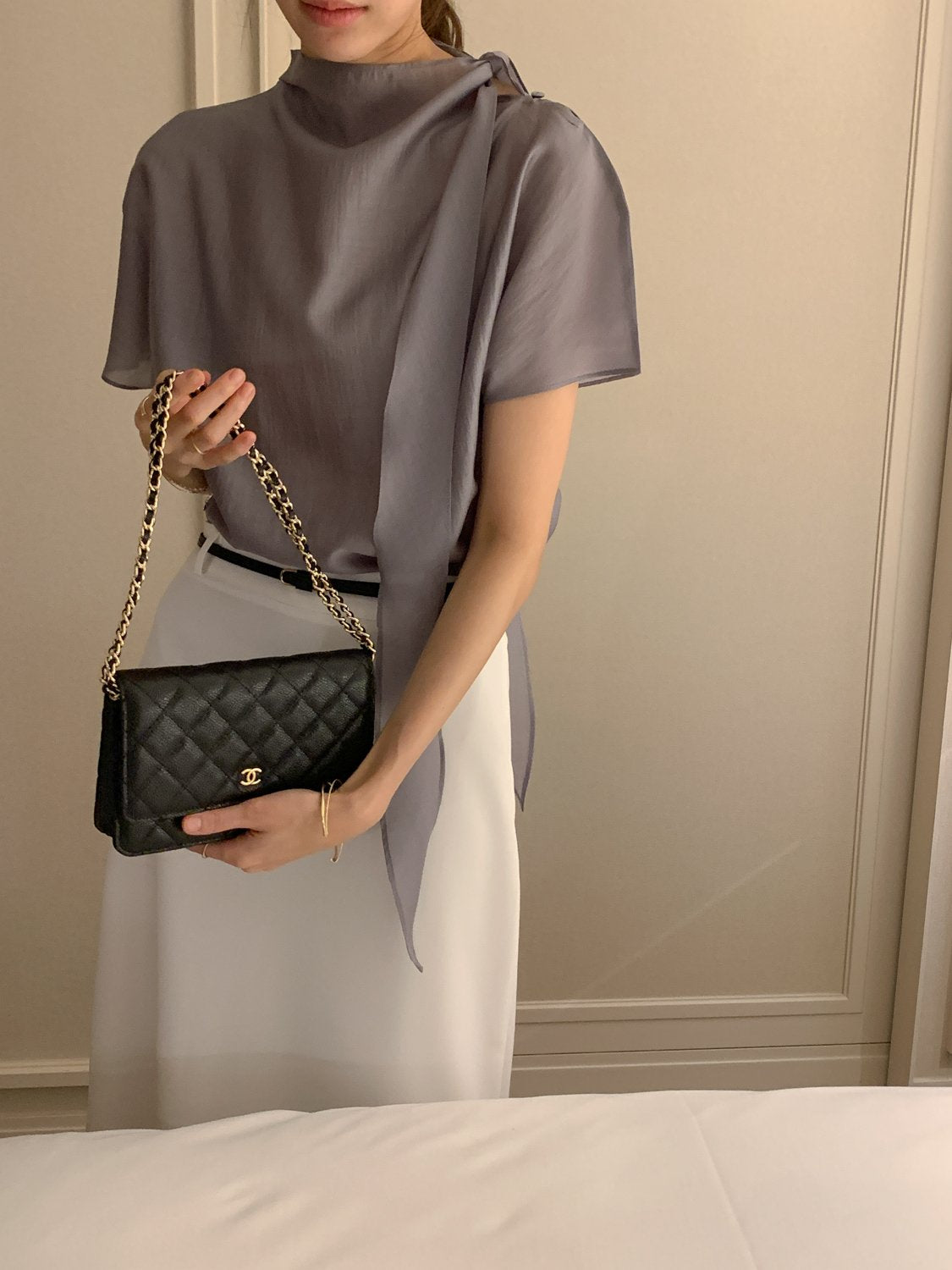 Tie Mock-Neck Blouse