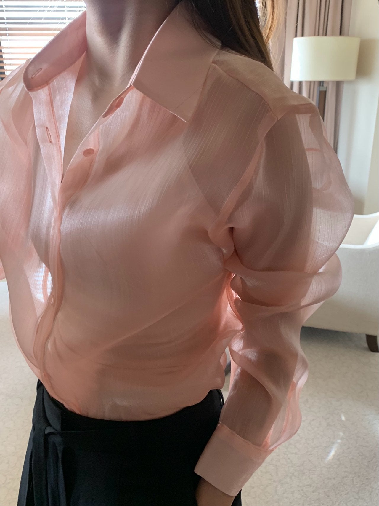 Luxury Organza Sheer Blouse – Sky Blue · White · Peach Pink