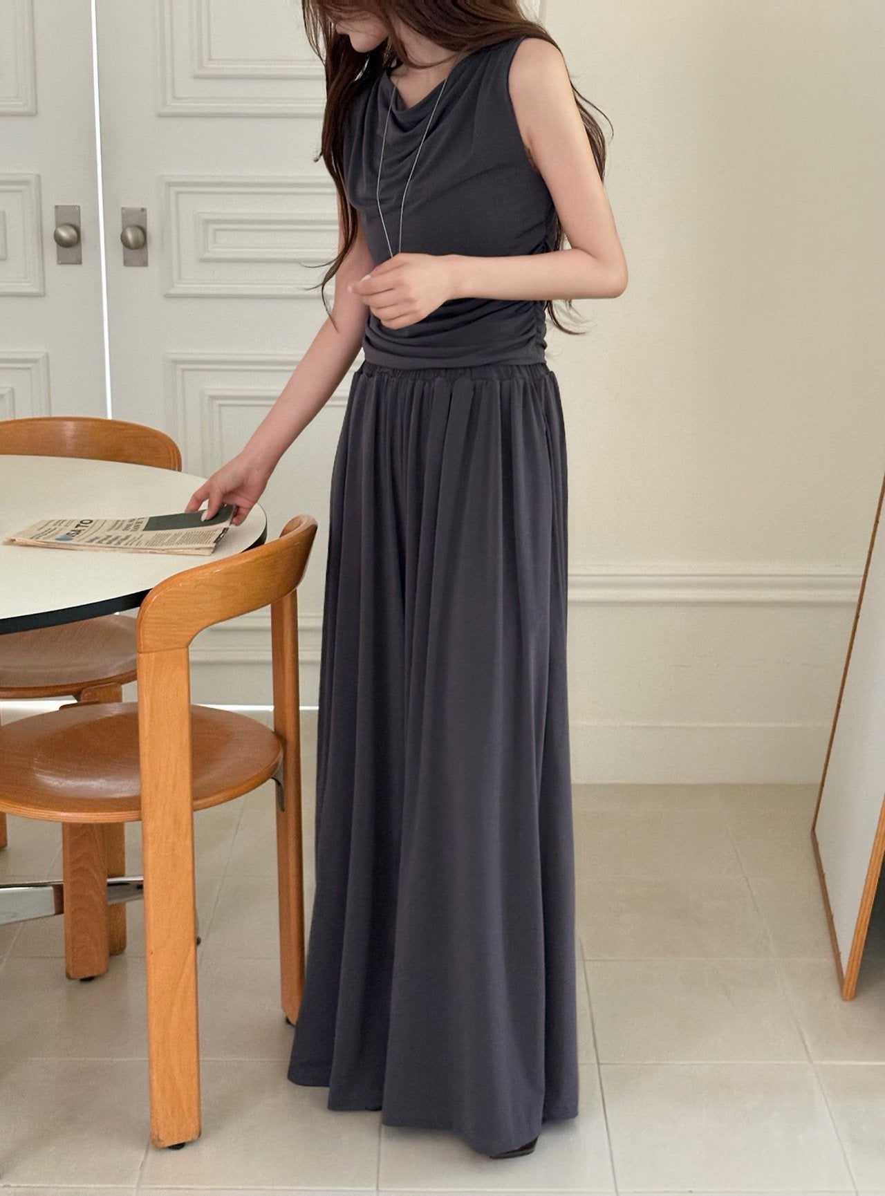 Draped Sleeveless & Wide-Leg Pants Set