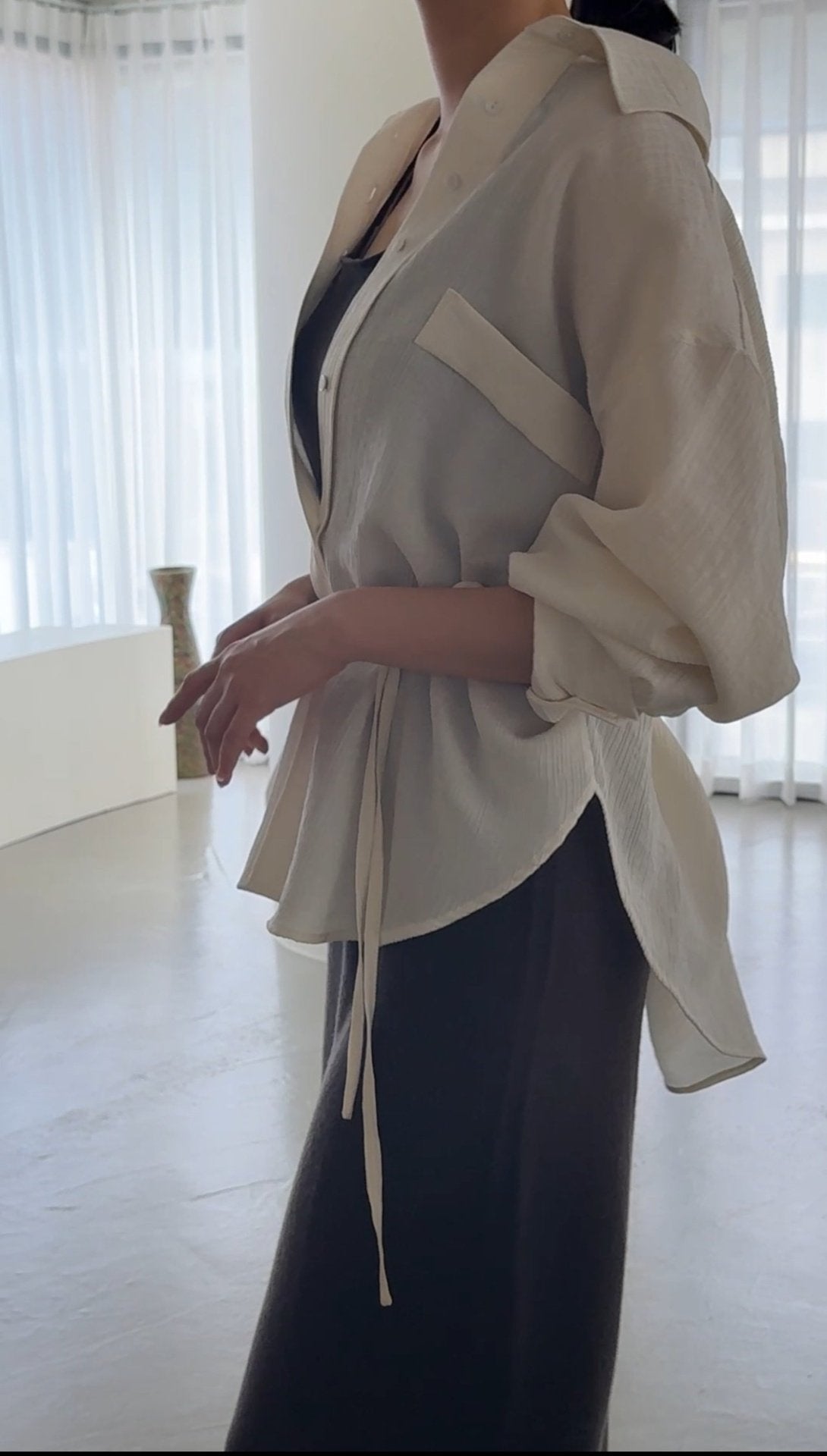 Wool-Tencel Crinkle Belted Overfit Shirt - Black