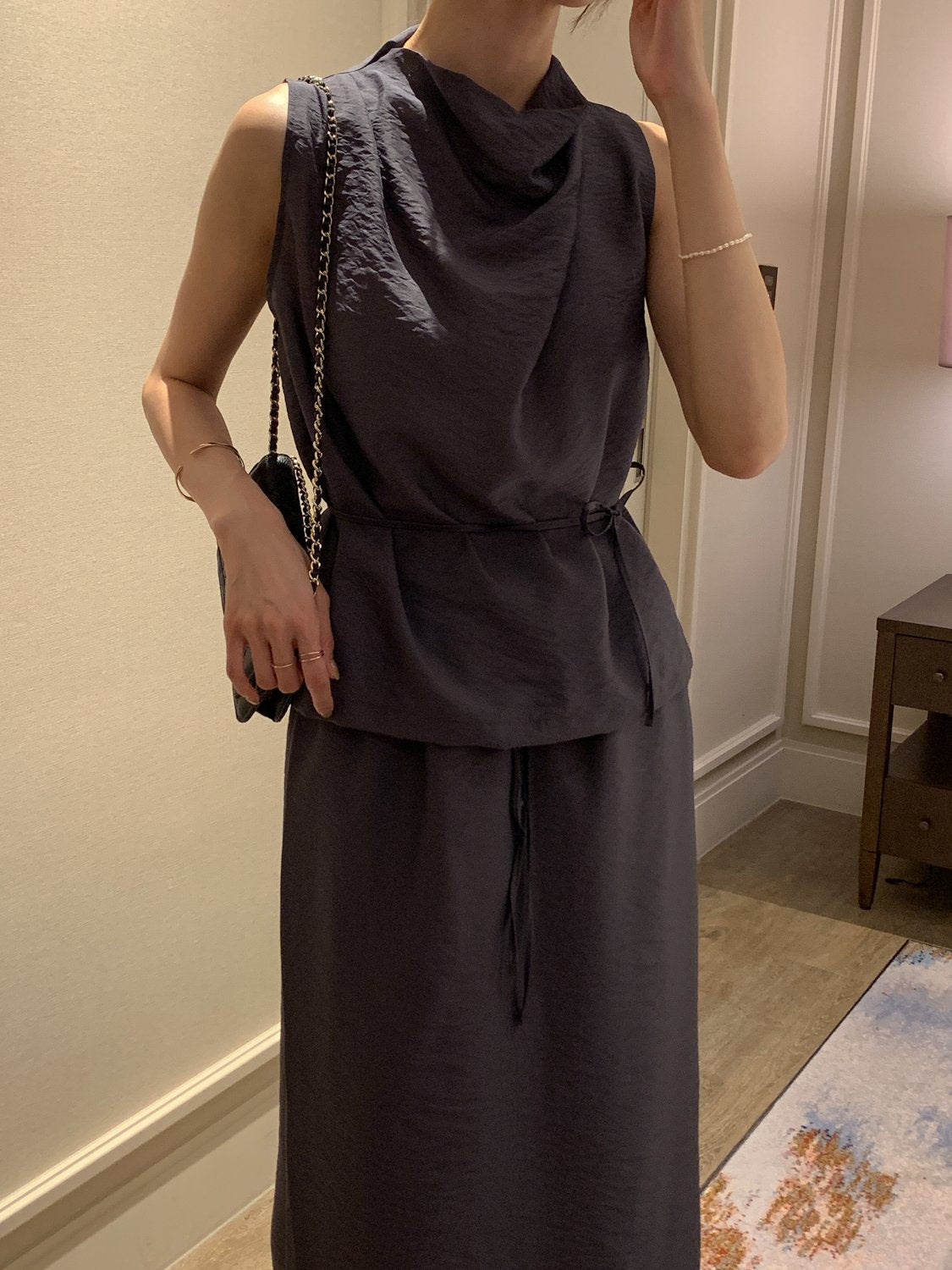 Cowl-Neck Shirring Sleeveless Blouse