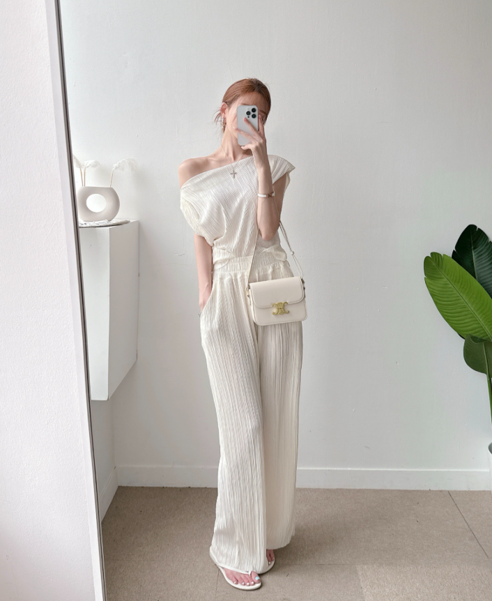 Pleated Off-Shoulder Cap Sleeve Top & Wide Pants Set