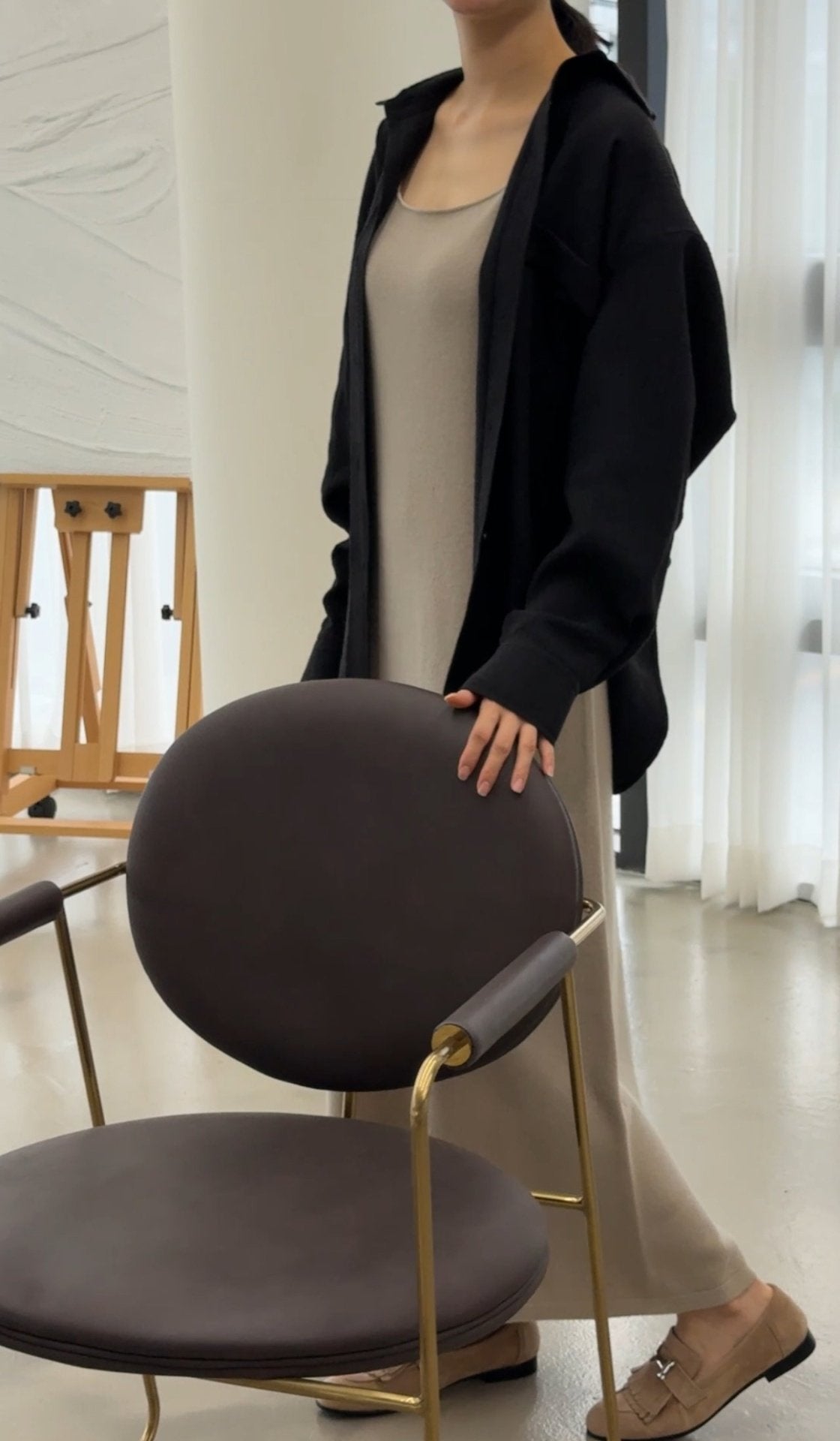 Wool-Tencel Crinkle Belted Overfit Shirt - Black