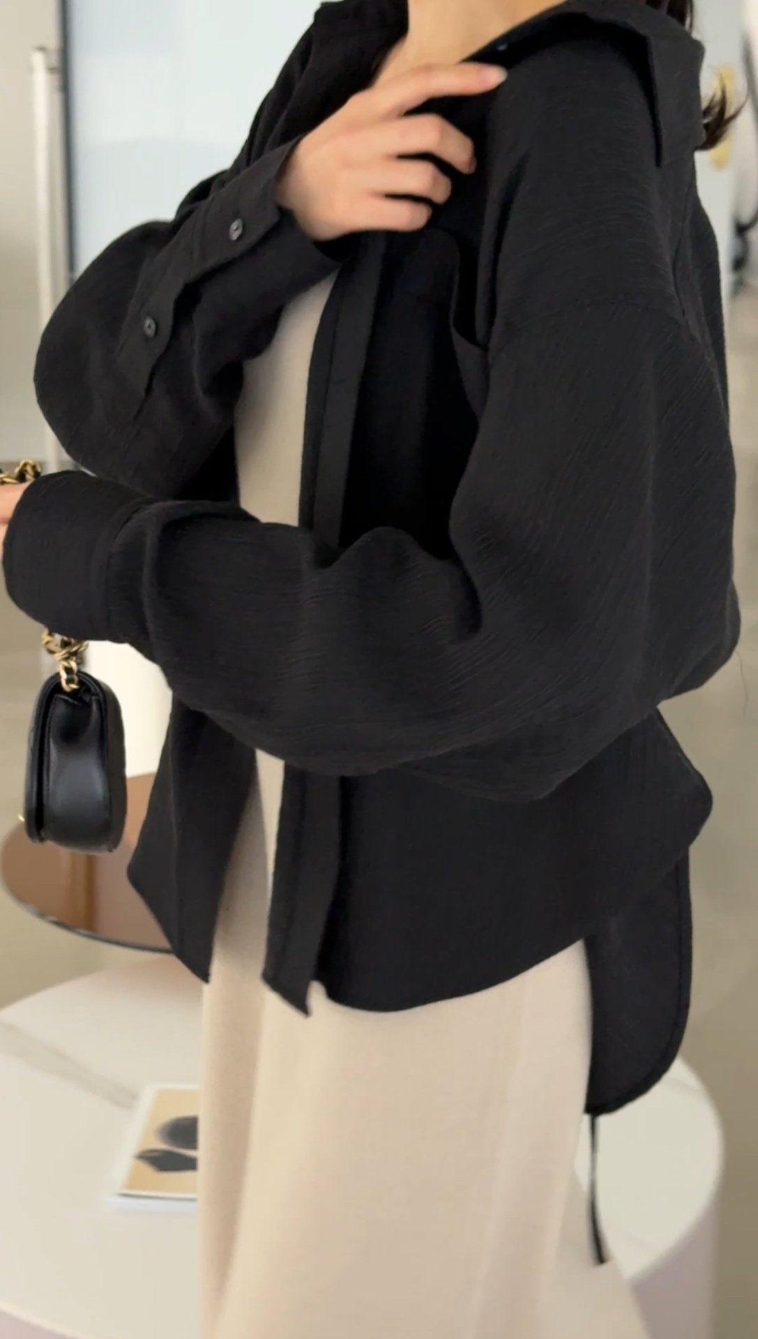 Wool-Tencel Crinkle Belted Overfit Shirt - Black