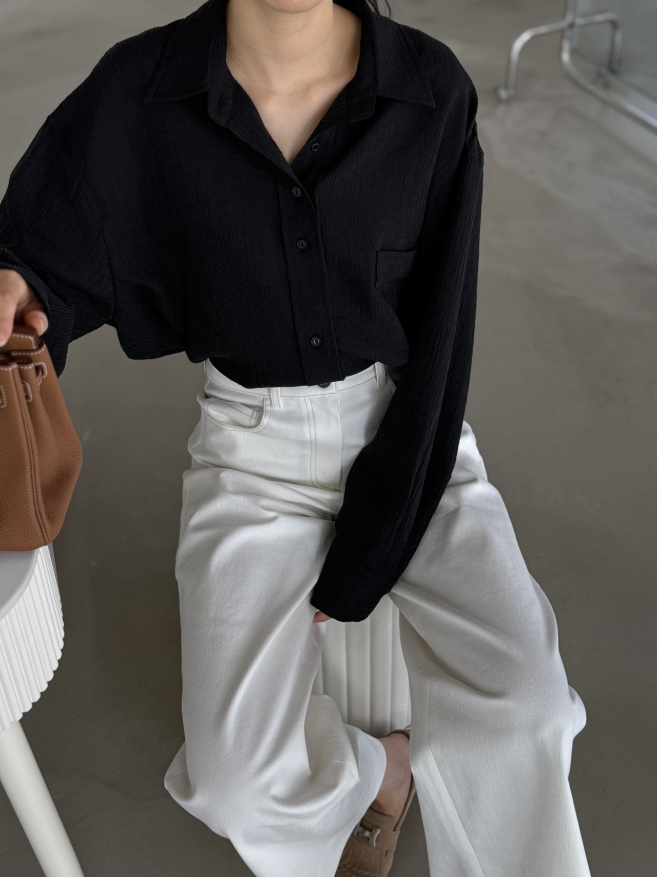 Wool-Tencel Crinkle Belted Overfit Shirt - Black