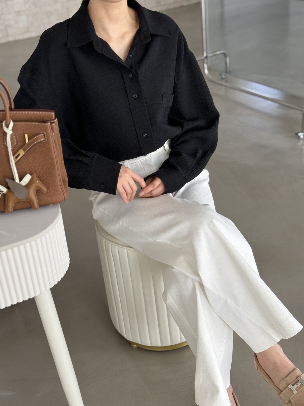 Wool-Tencel Crinkle Belted Overfit Shirt - Black