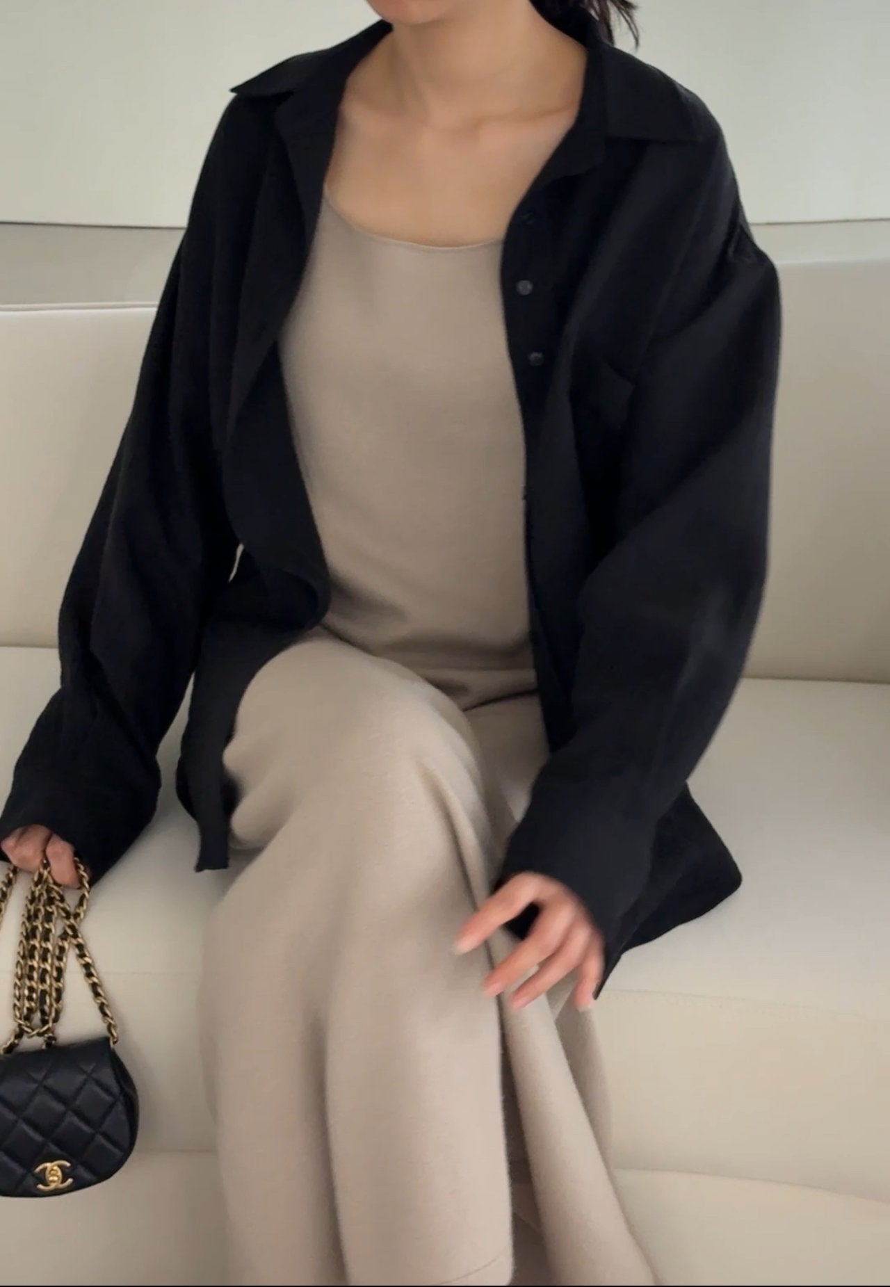 Wool-Tencel Crinkle Belted Overfit Shirt - Black