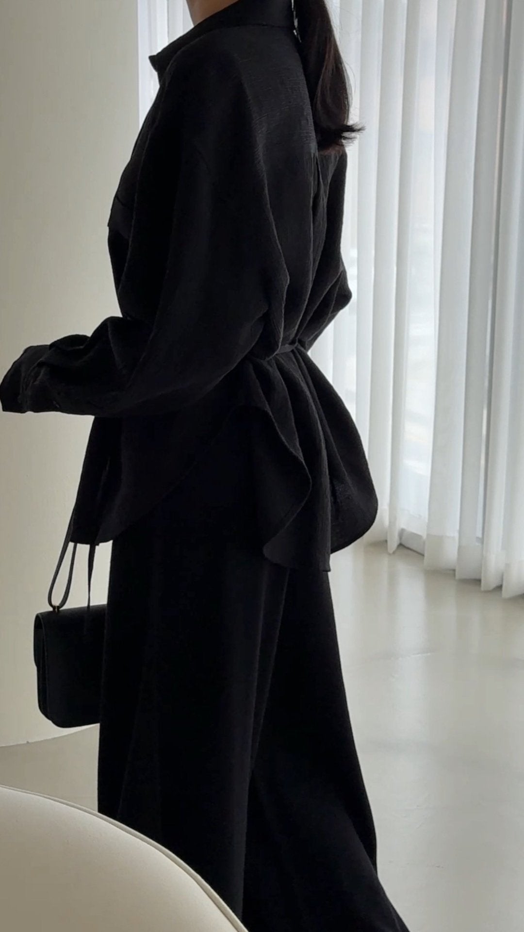 Wool-Tencel Crinkle Belted Overfit Shirt - Black