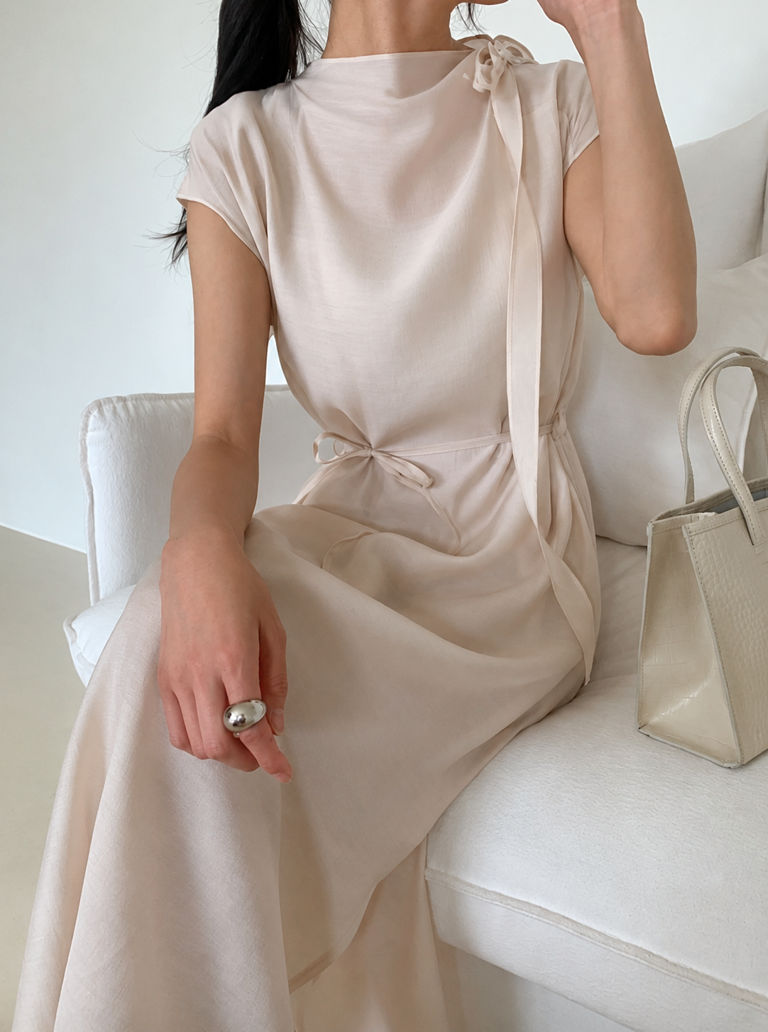 Ribbon Neck Tie Slit Dress