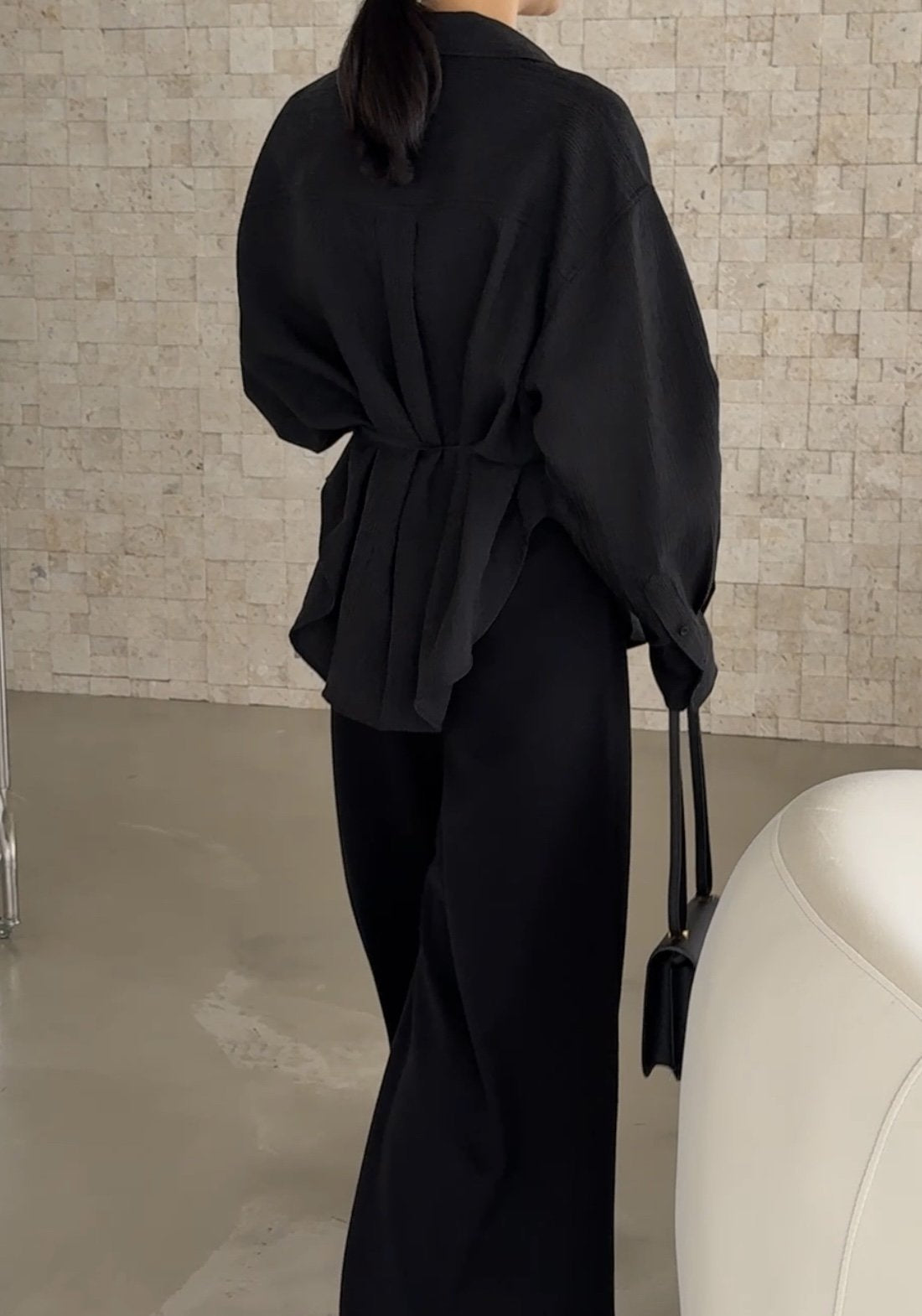 Wool-Tencel Crinkle Belted Overfit Shirt - Black