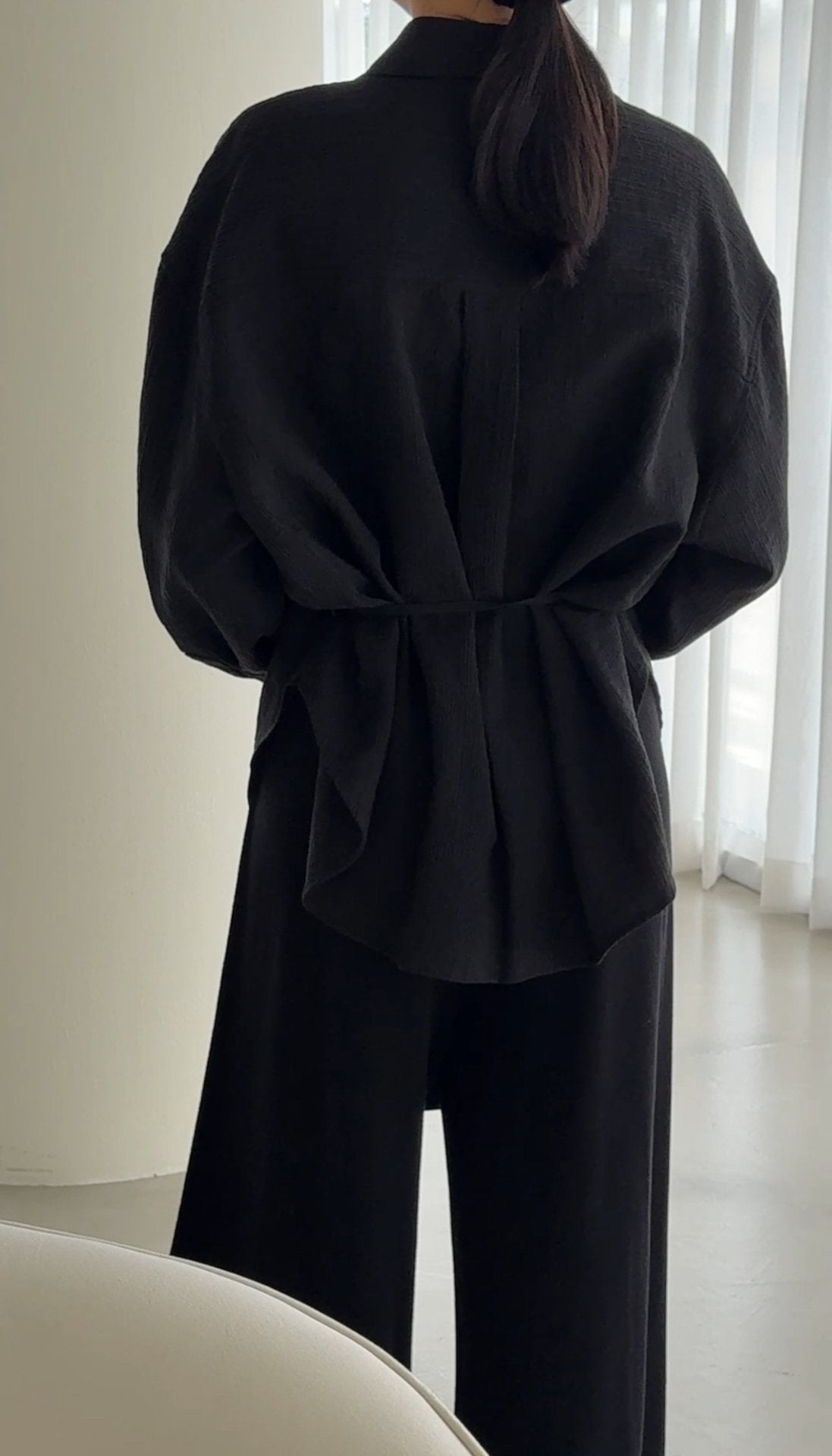 Wool-Tencel Crinkle Belted Overfit Shirt - Black