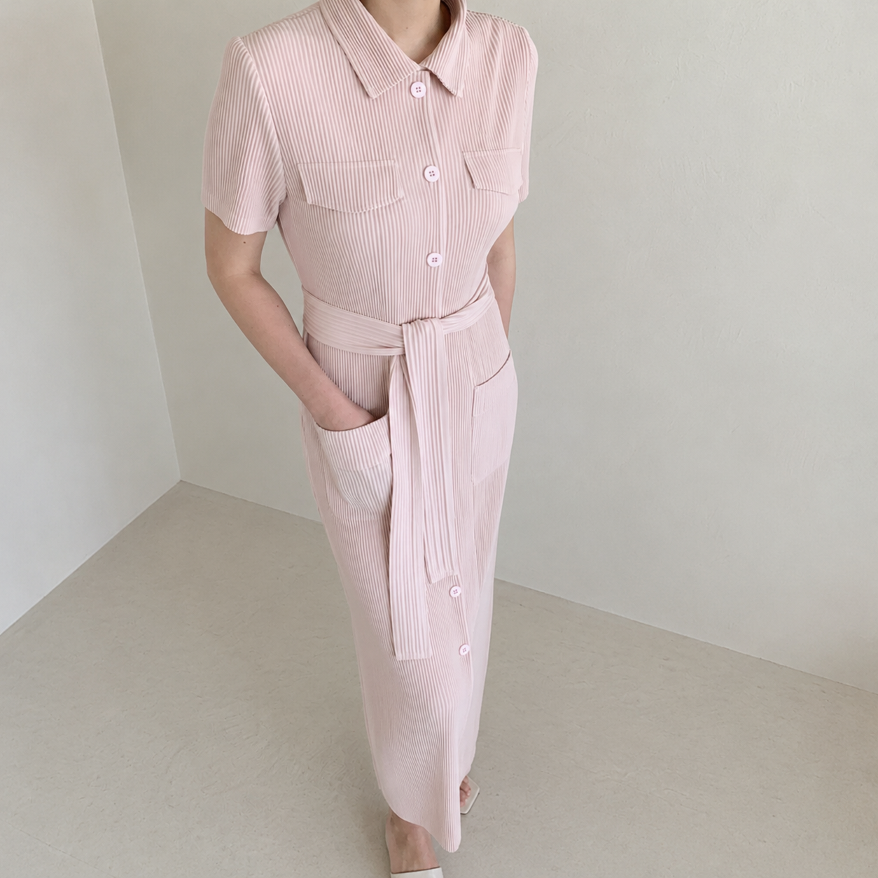 Pleated Short-Sleeve Pocket Dress
