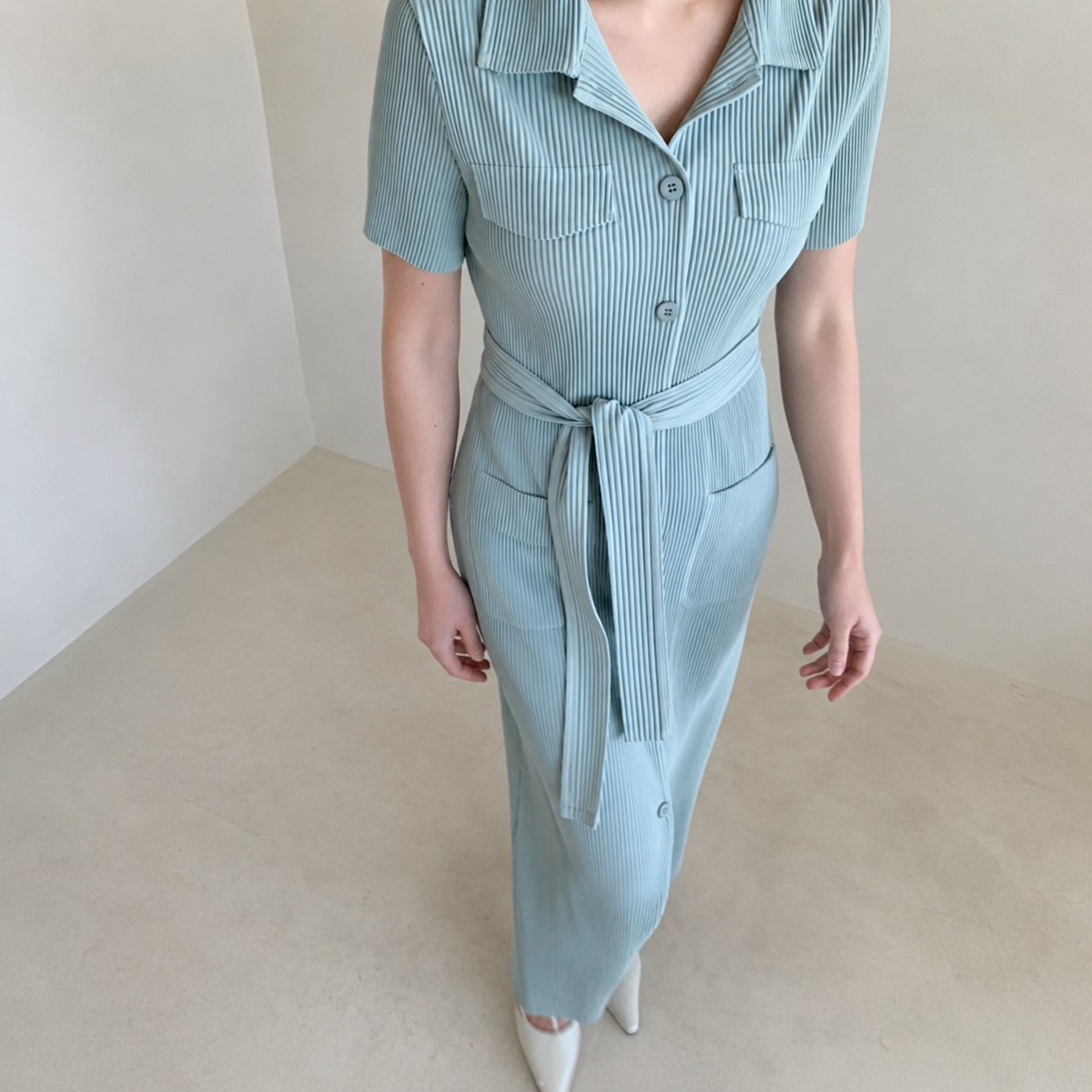 Pleated Short-Sleeve Pocket Dress