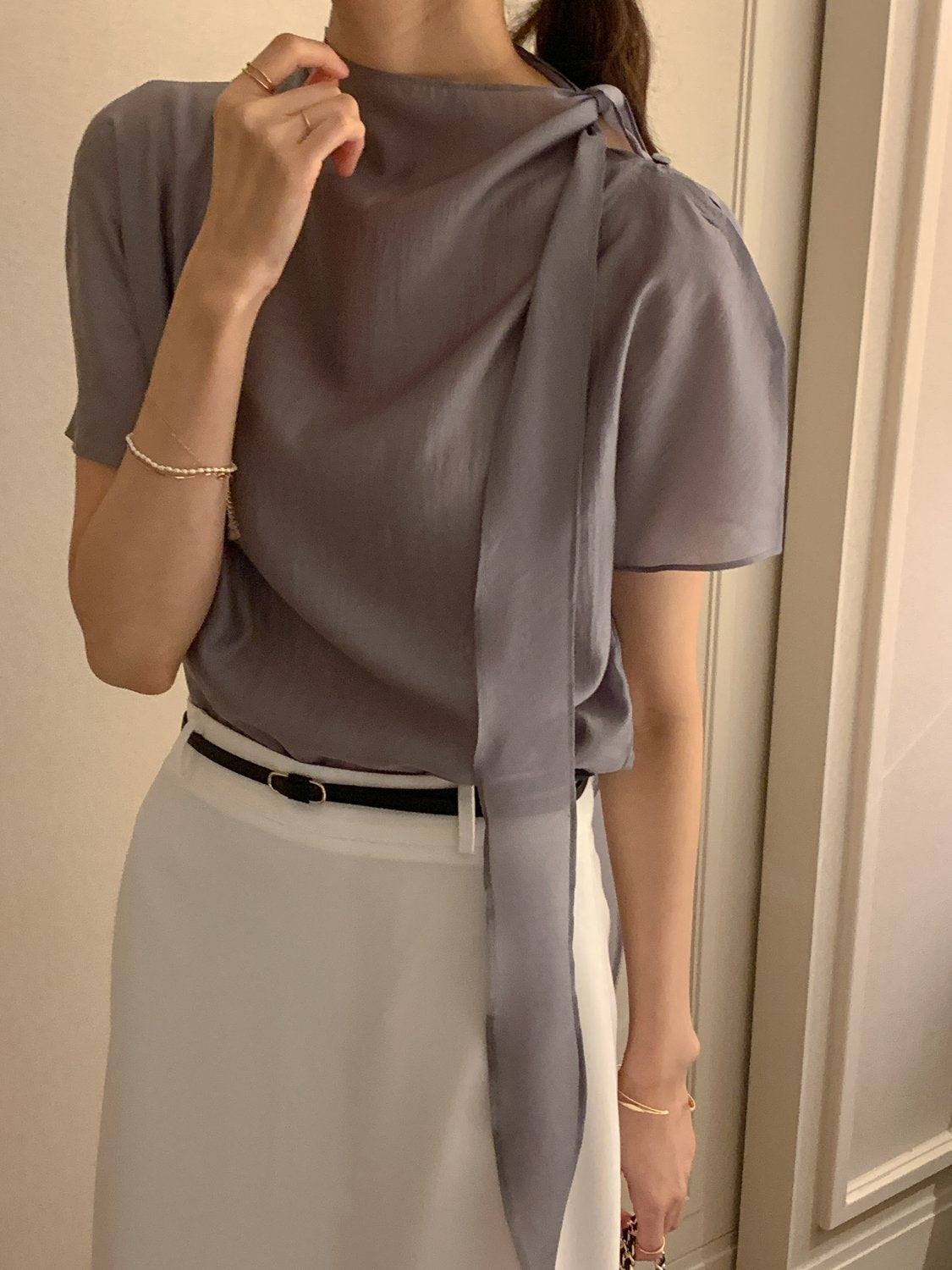 Tie Mock-Neck Blouse