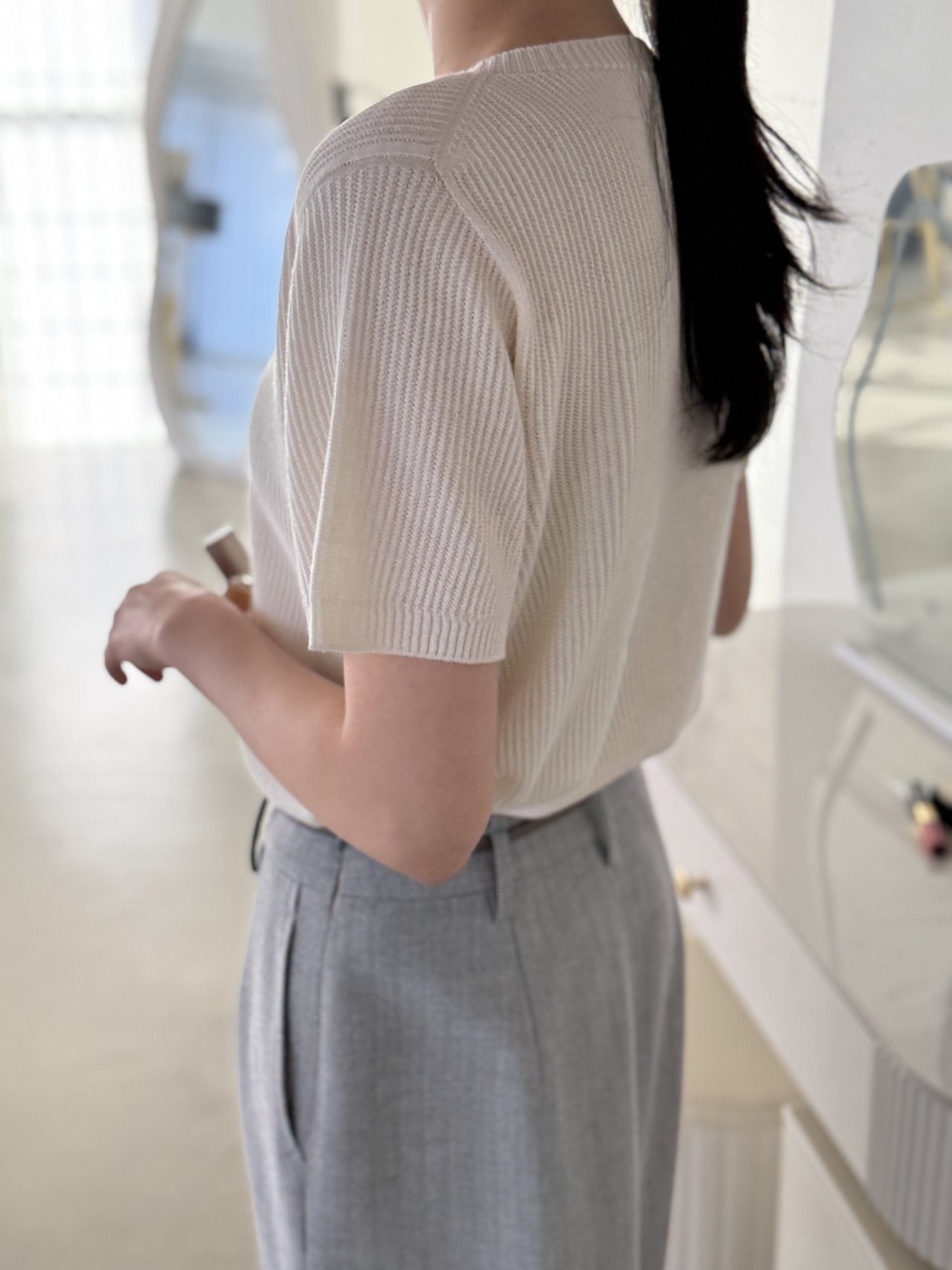Textured Semi-Crop Knit (Short Sleeve) - Ivory