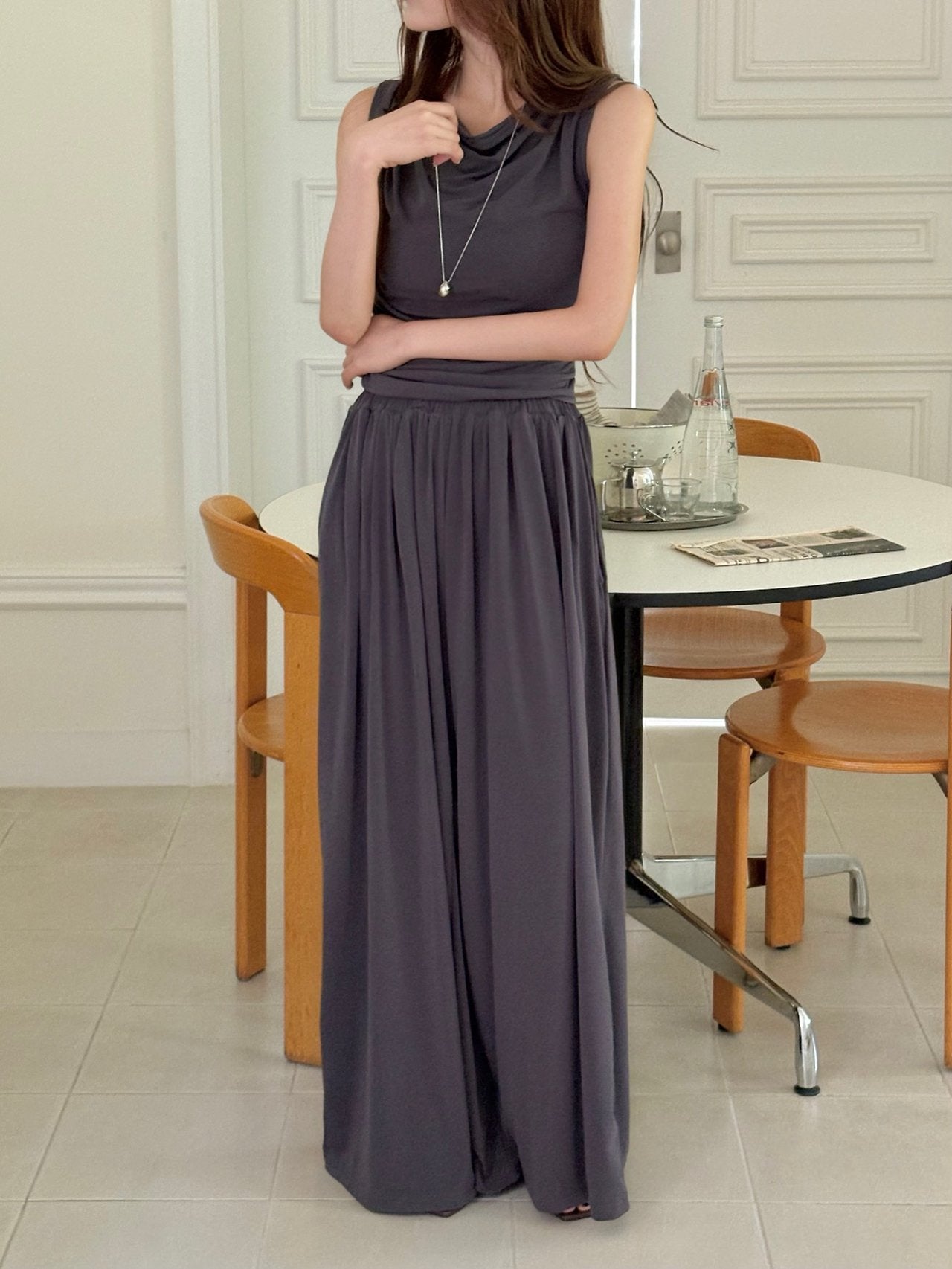 Draped Sleeveless & Wide-Leg Pants Set