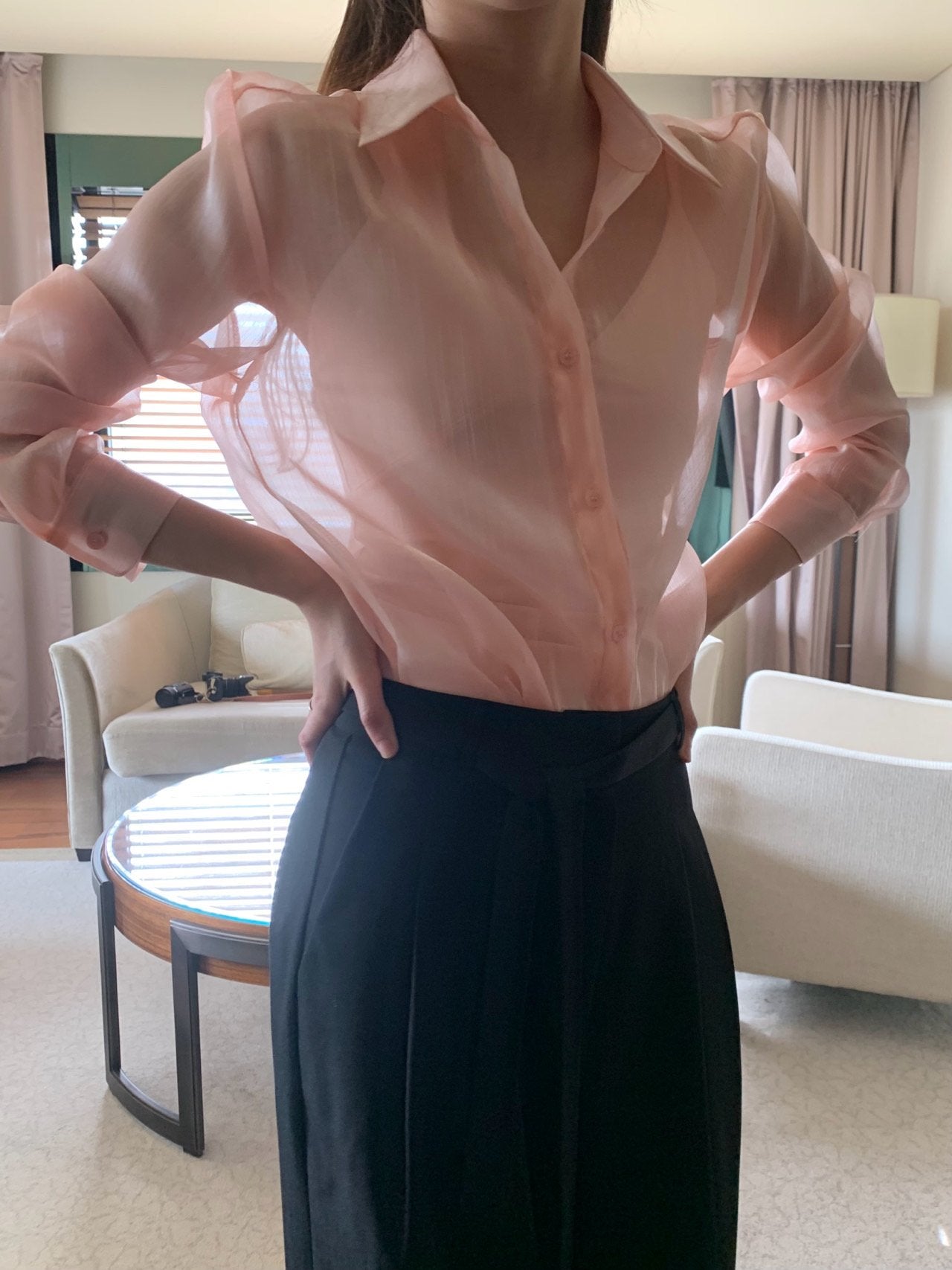 Luxury Organza Sheer Blouse – Sky Blue · White · Peach Pink