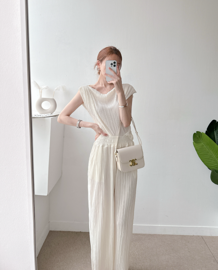 Pleated Off-Shoulder Cap Sleeve Top & Wide Pants Set