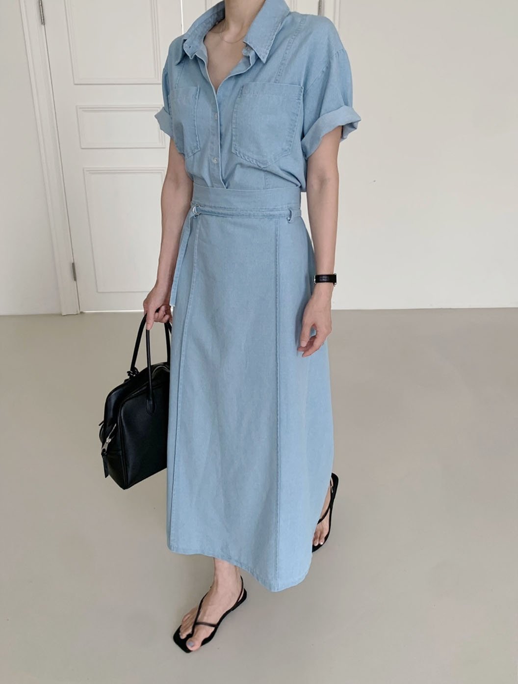 Short Sleeve Denim Shirt & Back-Band Denim Skirt set