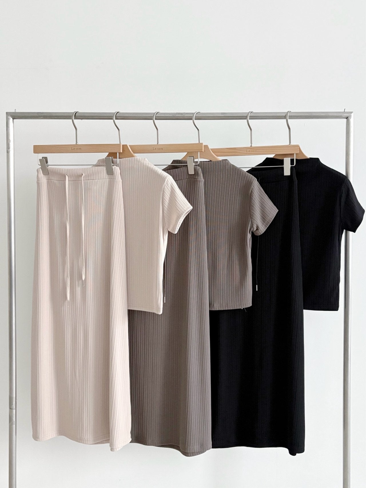 Wrinkle-Textured Half-Sleeve Top & Long Skirt Set
