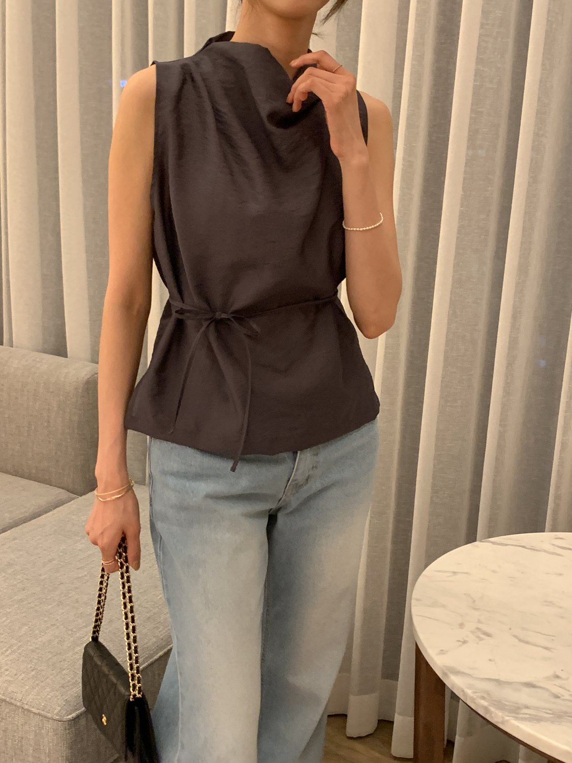 Cowl-Neck Shirring Sleeveless Blouse