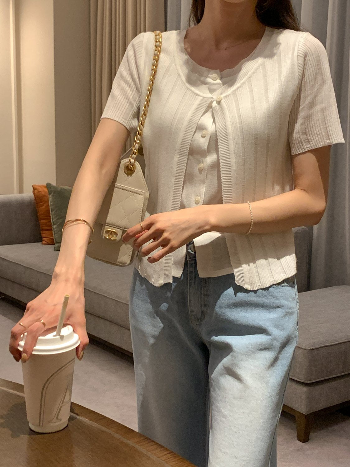 2-in-1 Ribbed Short-Sleeve Cardigan