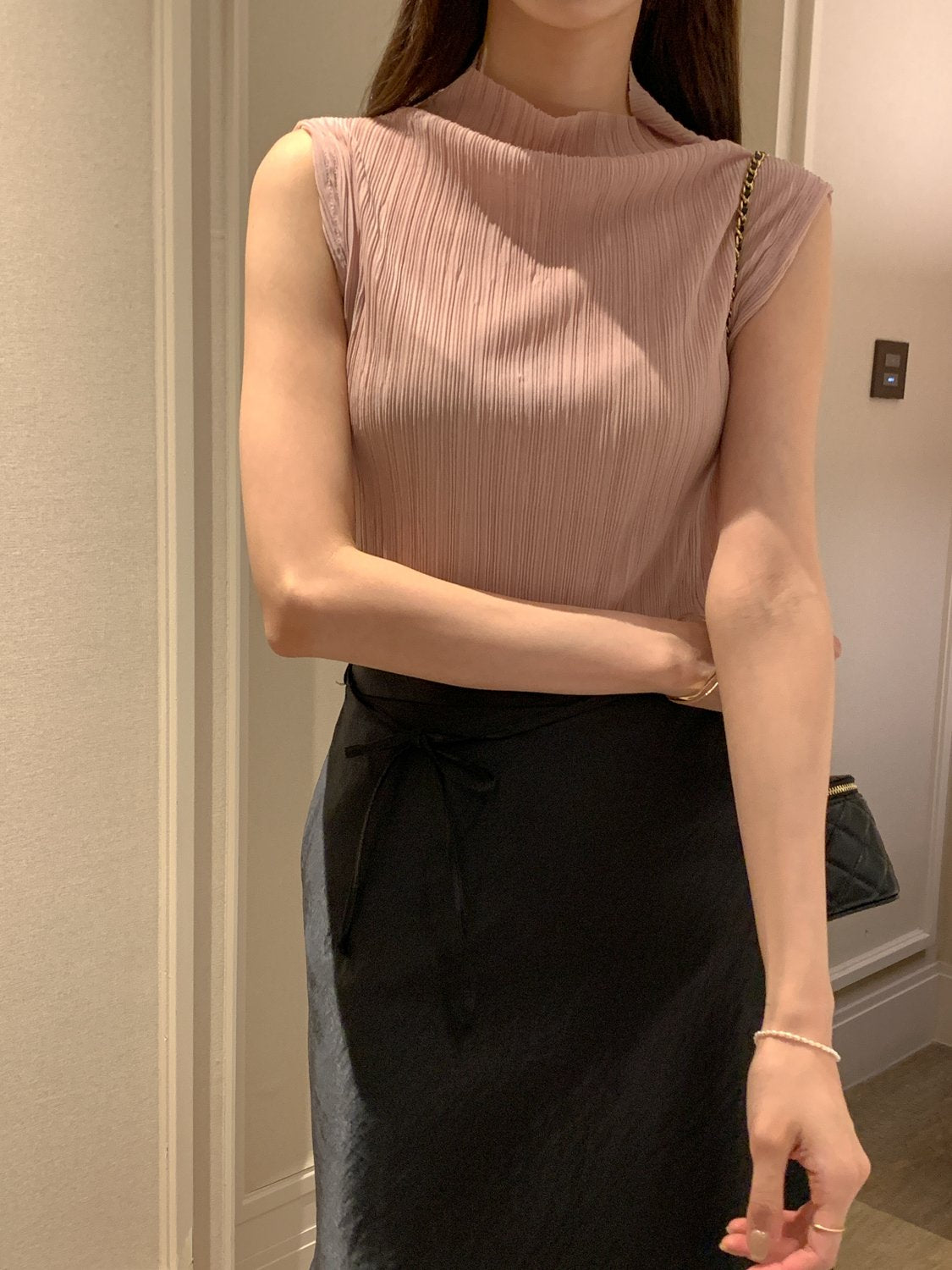 Pleated Mock-Neck Sleeveless Top